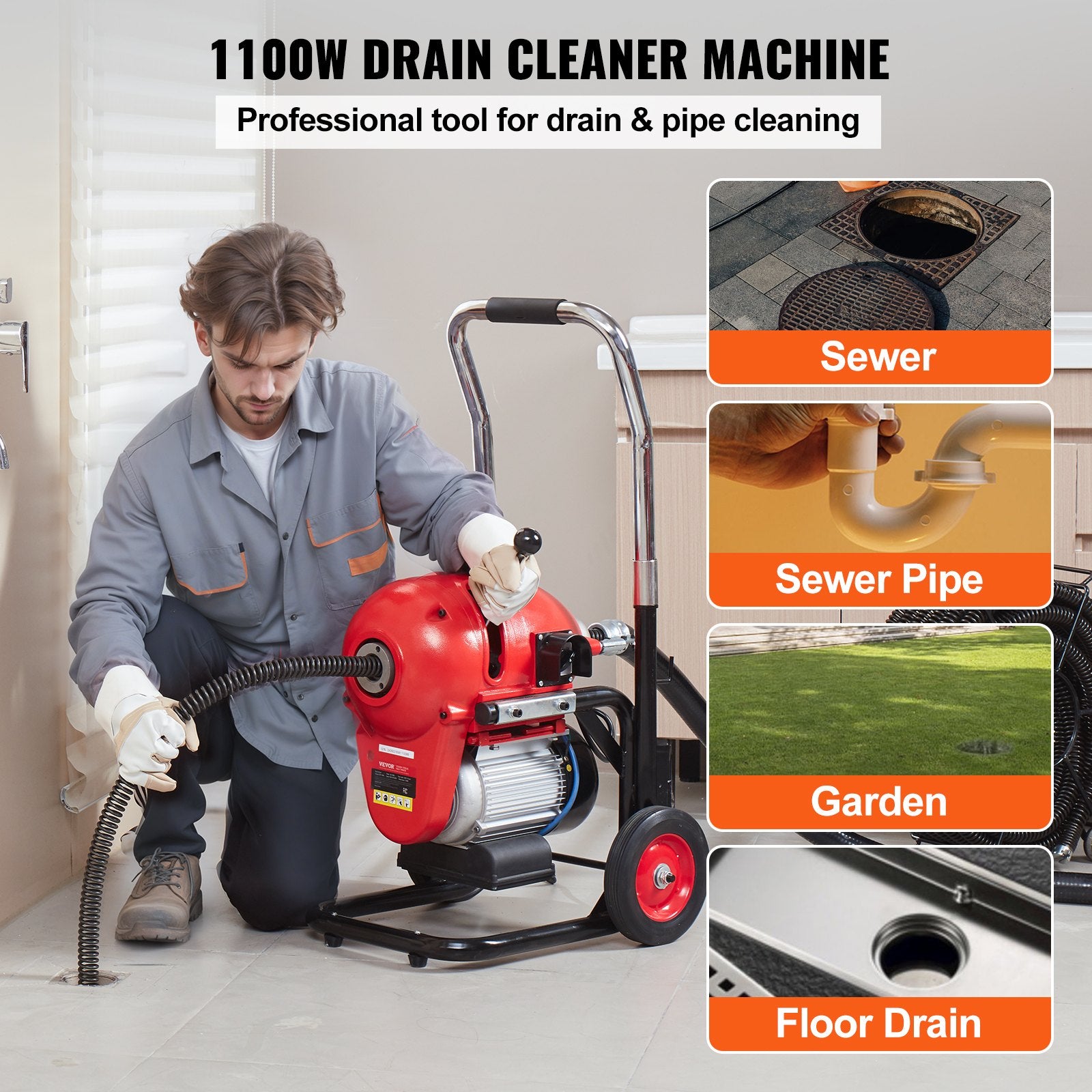 Gardening Tools: VEVOR Drain Cleaner Machine 120FT x 6/5" 1100W Sectional Snake Auger Manual Feed