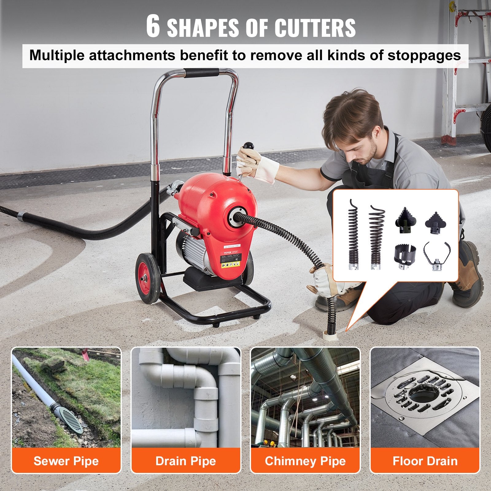 Gardening Tools: VEVOR Drain Cleaner Machine 120FT x 6/5" 1100W Sectional Snake Auger Manual Feed