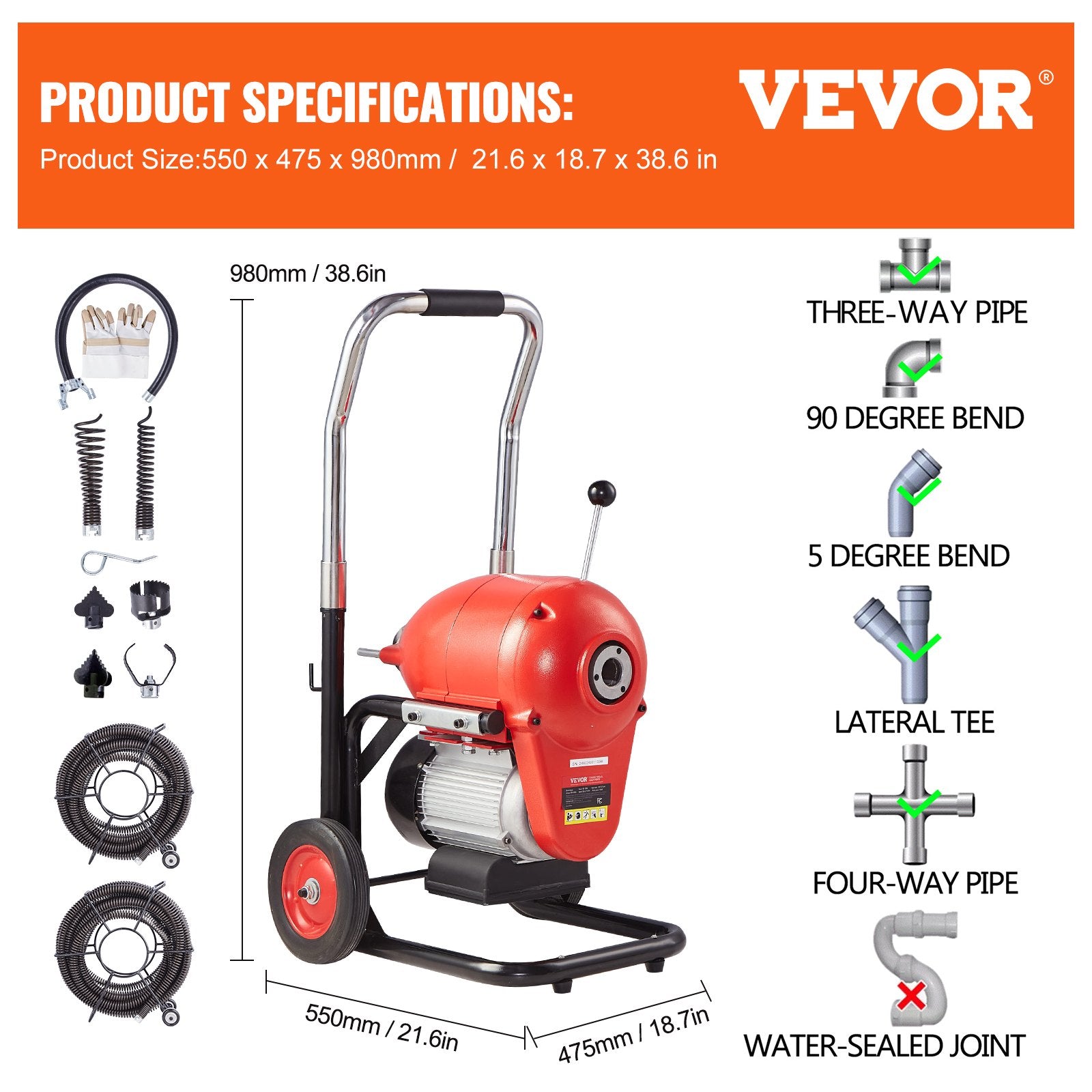 Gardening Tools: VEVOR Drain Cleaner Machine 120FT x 6/5" 1100W Sectional Snake Auger Manual Feed
