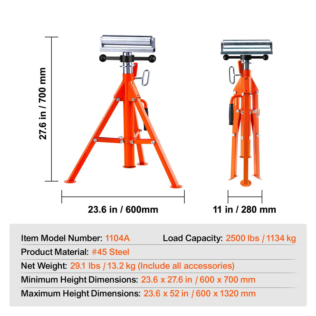 Roller Stand, Heavy Duty 1136 KG Load Capacity, 27.6"-52" Height Adjustable, 45# Steel Folding Roller Support Stand for Pipes, Wooden Boards