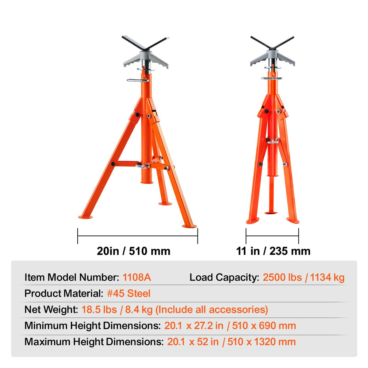 Pipe Stand, 2500LBS Heavy Duty Pipe Jack Stands, 27.2"-52" Height Adjustable V Head Pipe Stand, 45# Steel Folding Jack Stand for 1/2-12 inches Pipes