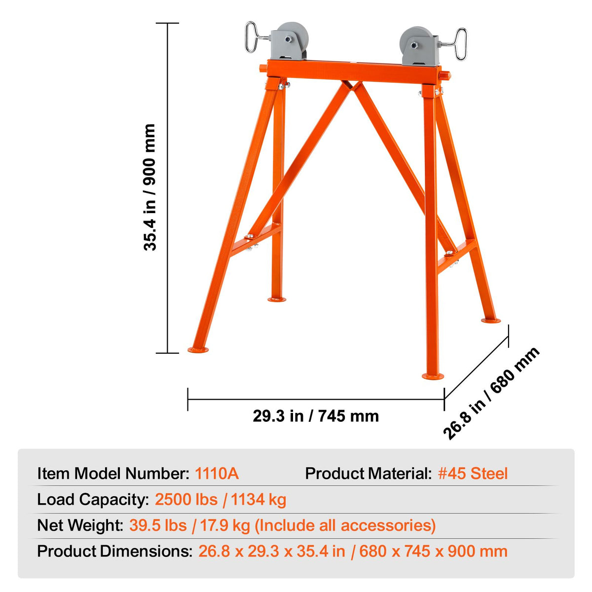 Pipe Stand with Roller Head 2500 LBS Load for 2-36 inches Pipes 45# Steel