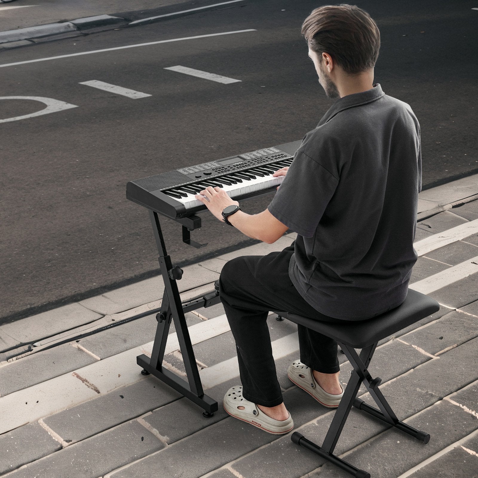 Musical Keyboards: VEVOR Piano Keyboard Stand and Bench Set, Z Style, Heavy-Duty Digital Piano Music Stand and Seat, 250 lbs Capacity with Adjustable Piano Bench Width Height Wheels, Fits for 54-88 Key Electric Pianos