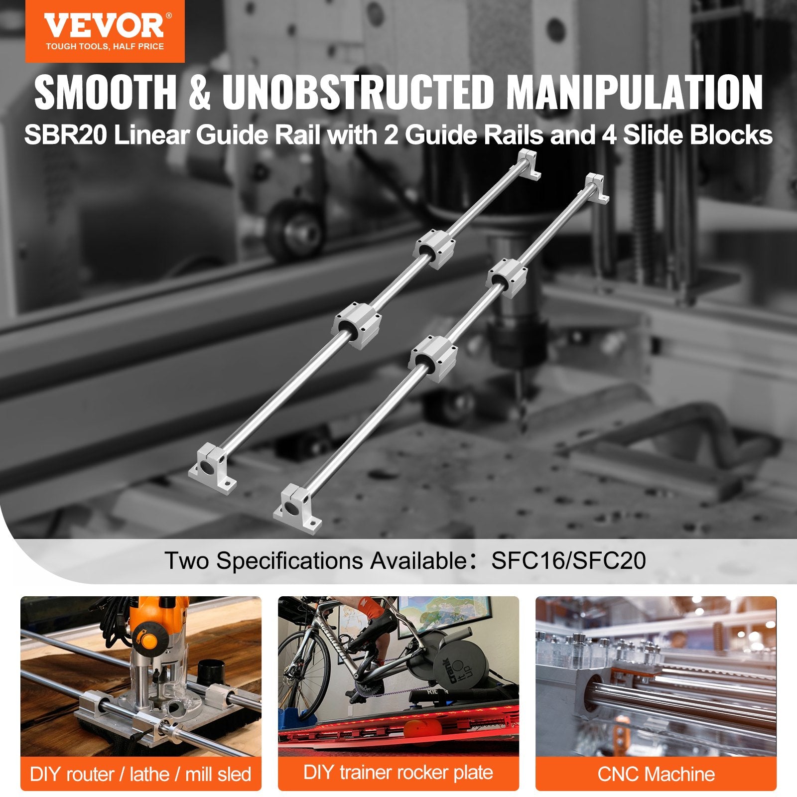 Automotive Repair & Speciality Tools: VEVOR Linear Guide Rail Set, SFC20 1200mm, 2 PCS 47.2 in/1200 mm SFC20 Guide Rails 4 PCS SC20 Slide Blocks 4 PCS Rail Supports, Linear Rails and Bearings Kit for Automated Machines CNC DIY Project