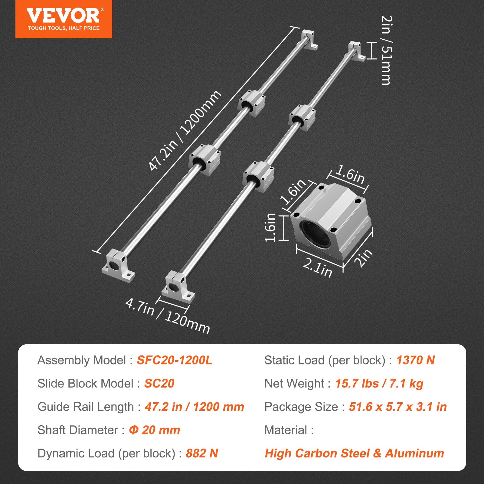 Automotive Repair & Speciality Tools: VEVOR Linear Guide Rail Set, SFC20 1200mm, 2 PCS 47.2 in/1200 mm SFC20 Guide Rails 4 PCS SC20 Slide Blocks 4 PCS Rail Supports, Linear Rails and Bearings Kit for Automated Machines CNC DIY Project