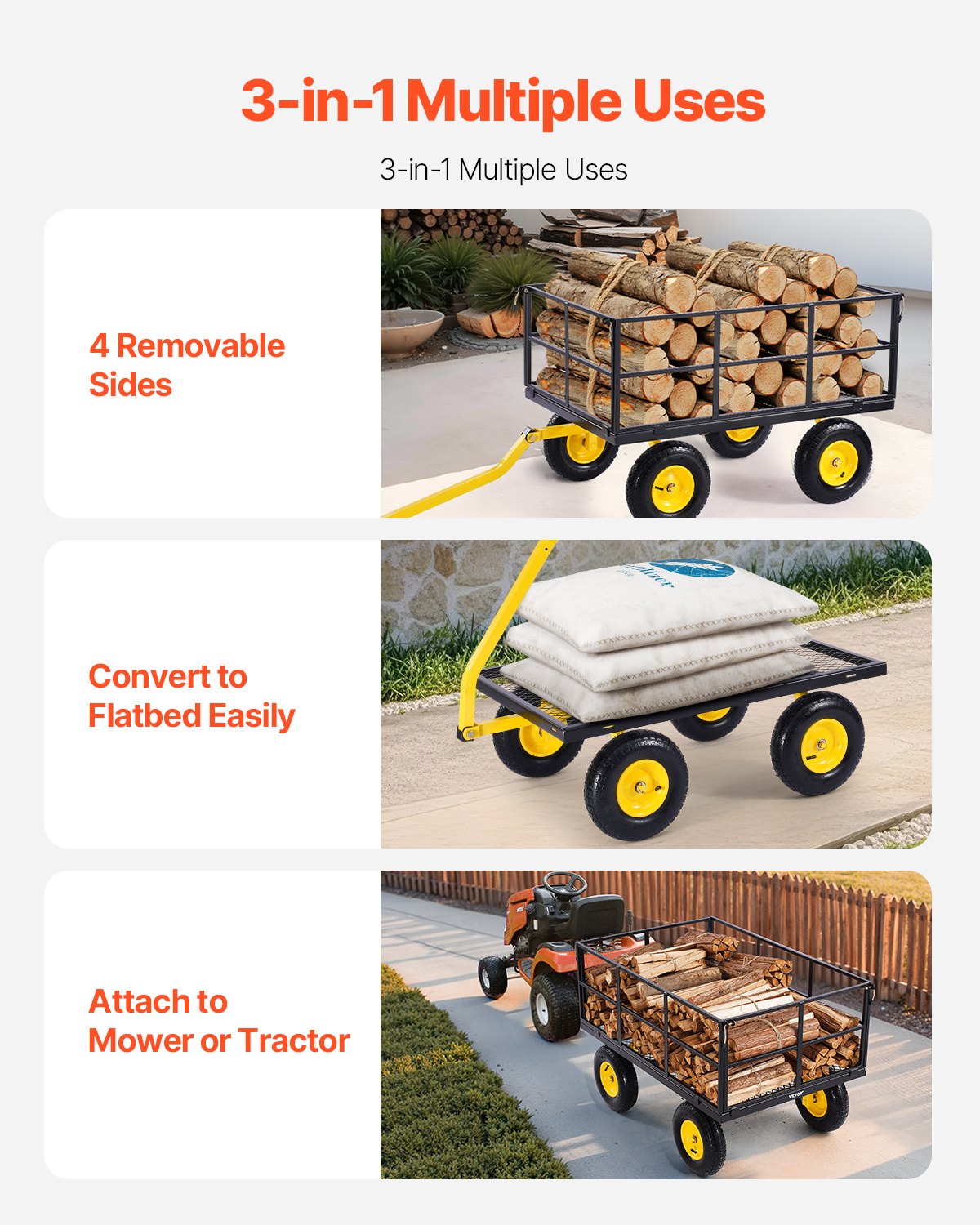 Spreaders & Wheelbarrows: VEVOR 1400 Lbs Steel Garden Cart, Heavy Duty Pullable Garden Wagon Yard Cart, 2 in 1 Outdoor Metal Utility Wagon Yard Trailer with 13" All Terrain Tires, Mesh Removable Sides and 180°Rotating Handle