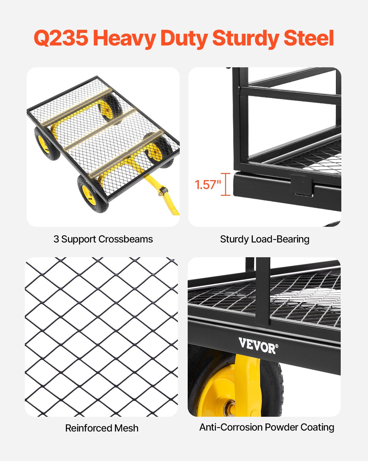 Spreaders & Wheelbarrows: VEVOR 1400 Lbs Steel Garden Cart, Heavy Duty Pullable Garden Wagon Yard Cart, 2 in 1 Outdoor Metal Utility Wagon Yard Trailer with 13" All Terrain Tires, Mesh Removable Sides and 180°Rotating Handle