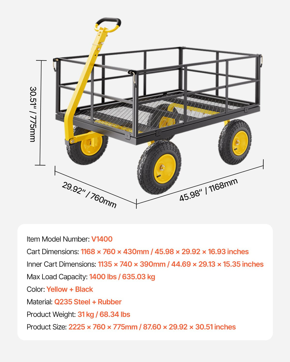 Spreaders & Wheelbarrows: VEVOR 1400 Lbs Steel Garden Cart, Heavy Duty Pullable Garden Wagon Yard Cart, 2 in 1 Outdoor Metal Utility Wagon Yard Trailer with 13" All Terrain Tires, Mesh Removable Sides and 180°Rotating Handle