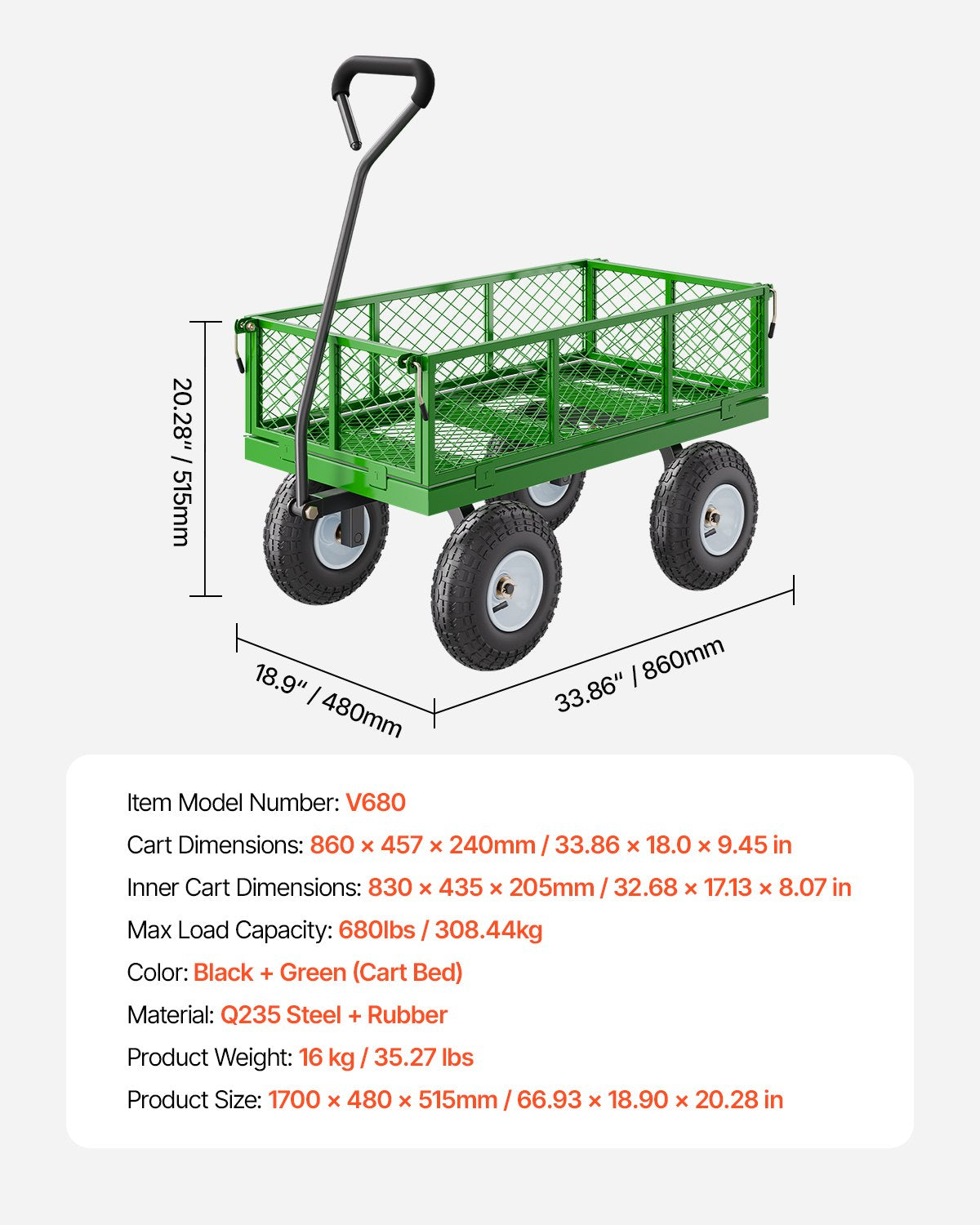 Kitchen & Dining Trolleys: VEVOR 680 Lbs Steel Garden Cart on Wheels, Heavy Duty Garden Wagon Cart Pullable, Metal Outdoor Utility Yard Wagon Carts with 10" Tires, Mesh Removable Sides and 180°Rotating Handle