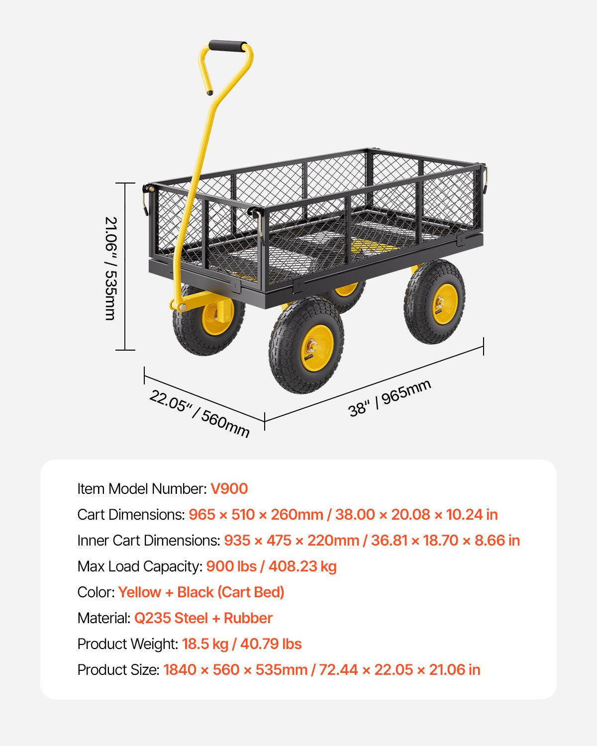 Kitchen & Dining Trolleys: VEVOR 900 Lbs Heavy Duty Steel Garden Cart, Garden Wagon Cart on Wheels, Outdoor Metal Yard Utility Wagon Carts with 10" Tires and Mesh Removable Sides(Convert to Flatbed) and 180°Rotating Handle