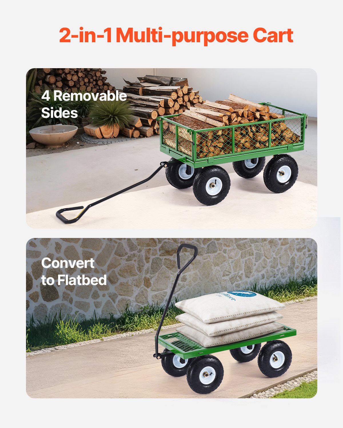 900 Lbs Steel Garden Cart on Wheels, Heavy Duty Pullable Garden Wagon Yard Cart, Outdoor Metal Utility Wagon with 10" Tires and Mesh Removable Sides(Convert to Flatbed), and 180°Rotating Handle