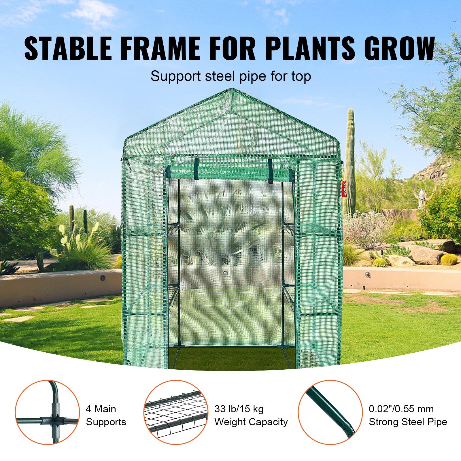 Greenhouses & Accessories: VEVOR Walk-in Green House, 4.6 x 2.4 x  6.7 ft  Greenhouse with Shelves, Set Up in Minutes, High Strength PE Cover with Doors & Windows and Steel Frame, Suitable for Planting and Storage, Green