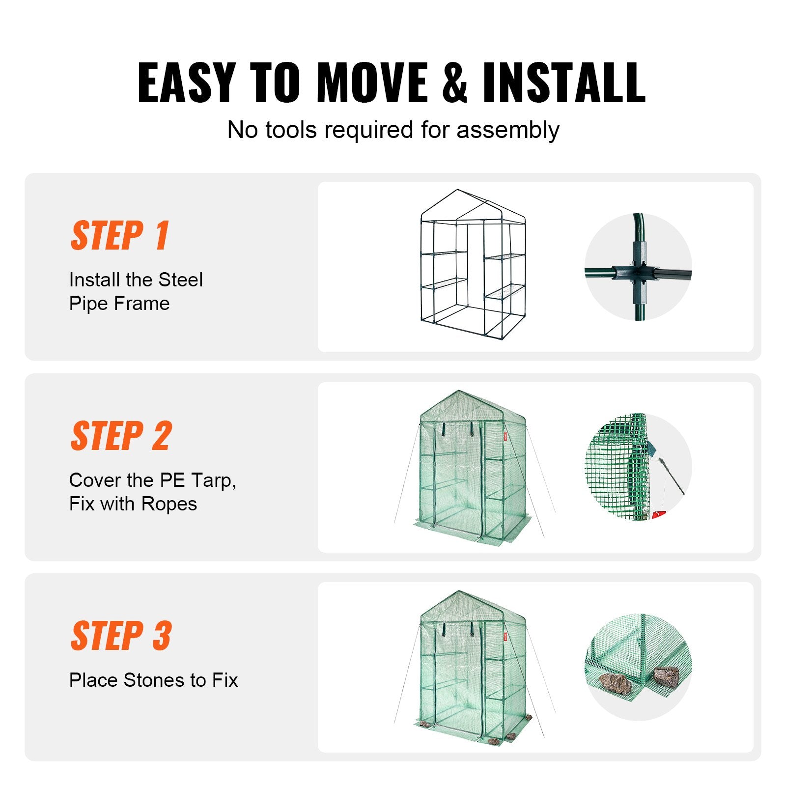 Greenhouses & Accessories: VEVOR Walk-in Green House, 4.6 x 2.4 x  6.7 ft  Greenhouse with Shelves, Set Up in Minutes, High Strength PE Cover with Doors & Windows and Steel Frame, Suitable for Planting and Storage, Green