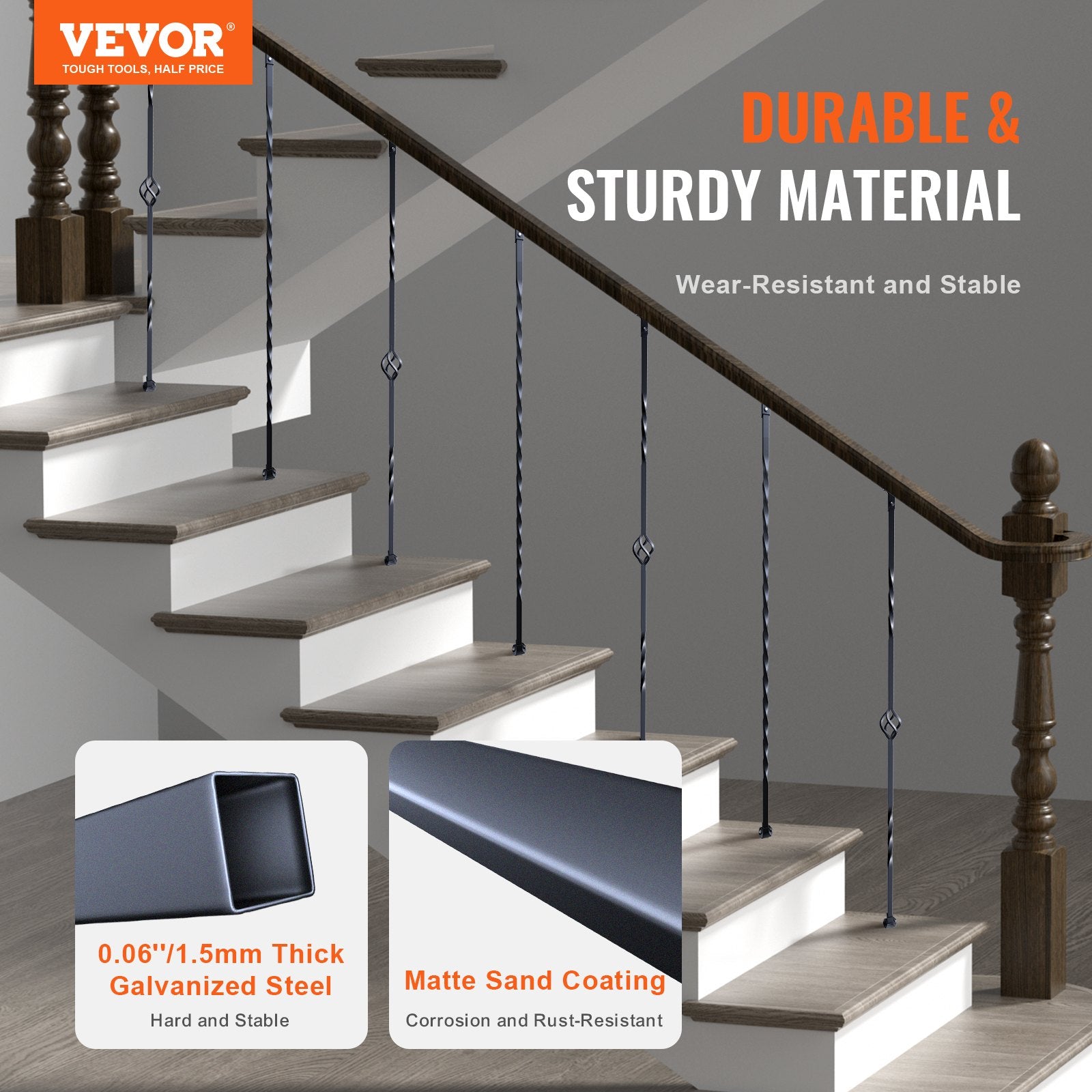 Building Toys: VEVOR Staircase Metal Balusters, 44'' x 1/2" Galvanized Steel Decorative Banister Spindles, 10 Pack Deck Baluster with Hollow Single Baskets, Twists, Spiral Stair Railing w/ Shoes & Screws