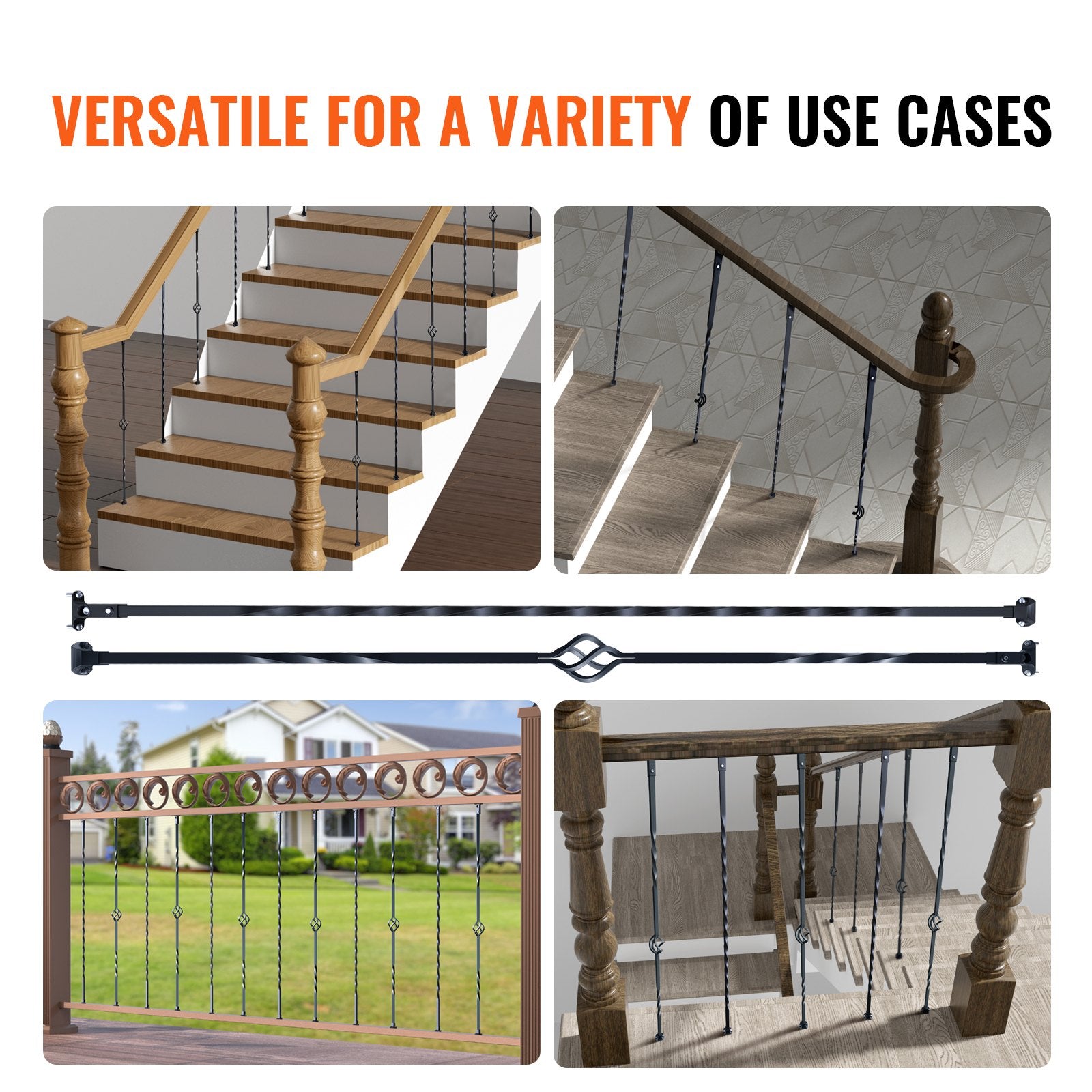 Building Toys: VEVOR Staircase Metal Balusters, 44'' x 1/2" Galvanized Steel Decorative Banister Spindles, 10 Pack Deck Baluster with Hollow Single Baskets, Twists, Spiral Stair Railing w/ Shoes & Screws