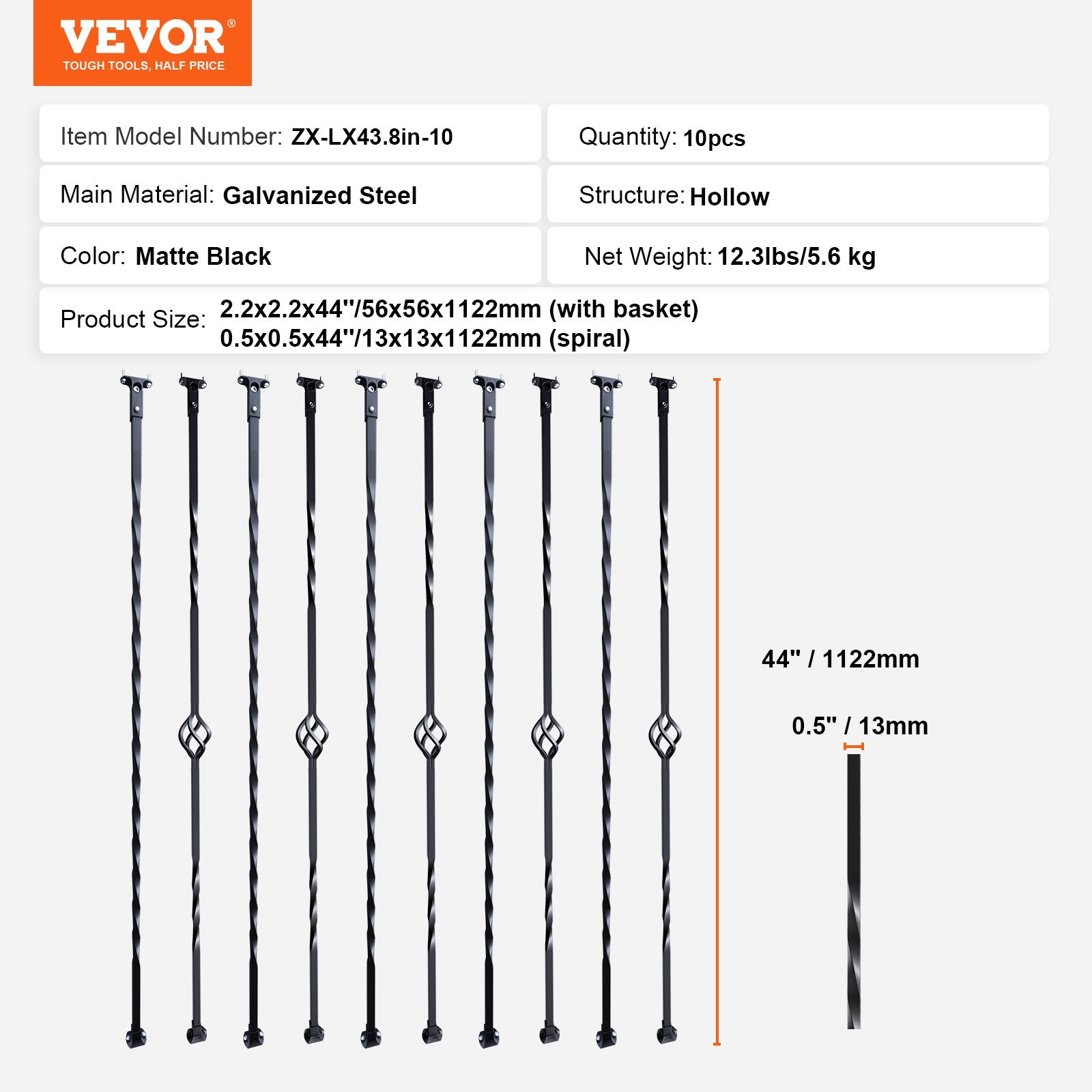 Building Toys: VEVOR Staircase Metal Balusters, 44'' x 1/2" Galvanized Steel Decorative Banister Spindles, 10 Pack Deck Baluster with Hollow Single Baskets, Twists, Spiral Stair Railing w/ Shoes & Screws