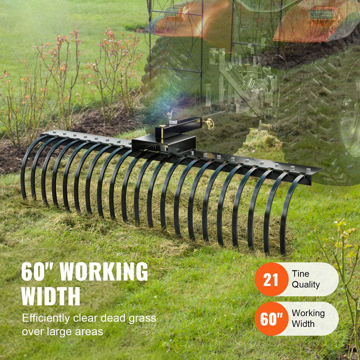 Tow Behind Landscape Rake, 1.5m Tow Dethatcher with 21 Steel Coil Tines, Lawn Dethatcher Rake Attaches to 1.2m or 15m Toolbars and 3-point Suspension Systems, for Leaves, Pine Needles, and Grass