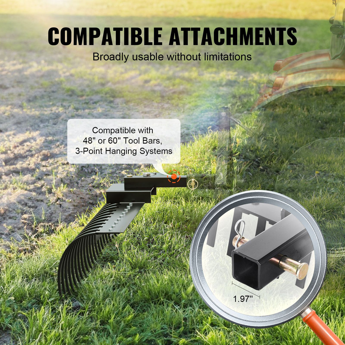 Tow Behind Landscape Rake, 1.5m Tow Dethatcher with 21 Steel Coil Tines, Lawn Dethatcher Rake Attaches to 1.2m or 15m Toolbars and 3-point Suspension Systems, for Leaves, Pine Needles, and Grass