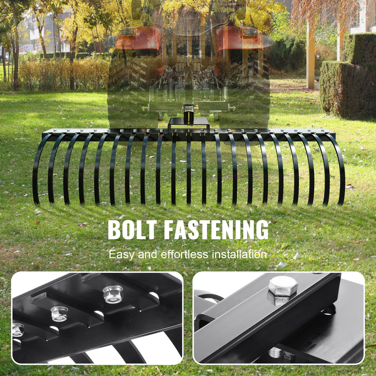 Tow Behind Landscape Rake, 1.5m Tow Dethatcher with 21 Steel Coil Tines, Lawn Dethatcher Rake Attaches to 1.2m or 15m Toolbars and 3-point Suspension Systems, for Leaves, Pine Needles, and Grass