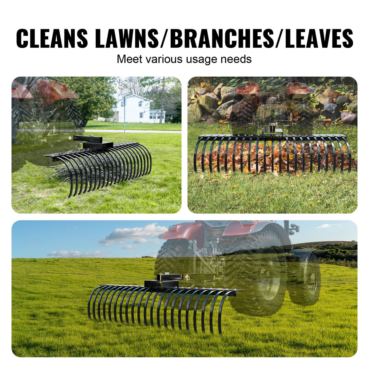 Tow Behind Landscape Rake, 1.5m Tow Dethatcher with 21 Steel Coil Tines, Lawn Dethatcher Rake Attaches to 1.2m or 15m Toolbars and 3-point Suspension Systems, for Leaves, Pine Needles, and Grass