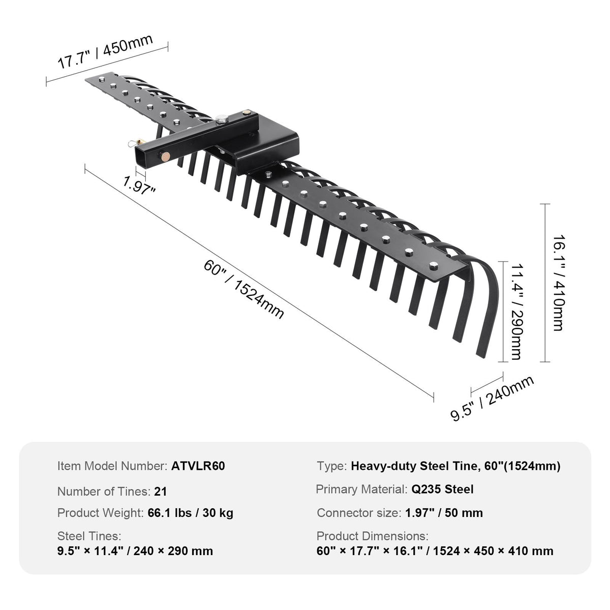 Tow Behind Landscape Rake, 1.5m Tow Dethatcher with 21 Steel Coil Tines, Lawn Dethatcher Rake Attaches to 1.2m or 15m Toolbars and 3-point Suspension Systems, for Leaves, Pine Needles, and Grass