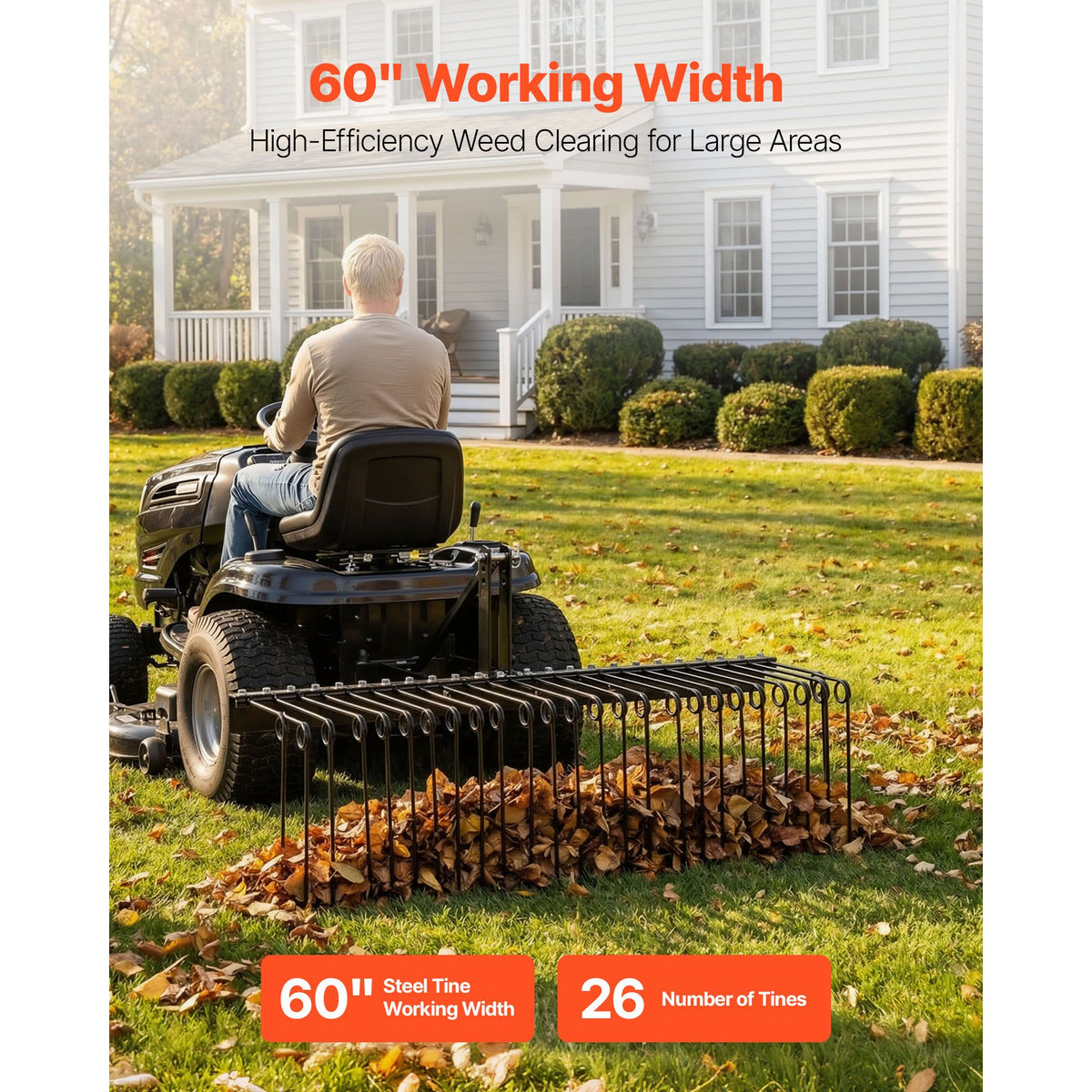 150 cm Tow Behind Landscape Rake, 3 Point Hitch Lawn Dethatcher Rake, 26 Spring Steel Tines, for Category 1 Tractors, Heavy Duty & Rust-Resistant Rakes Tractor Attachments for Leaves Pine Needles