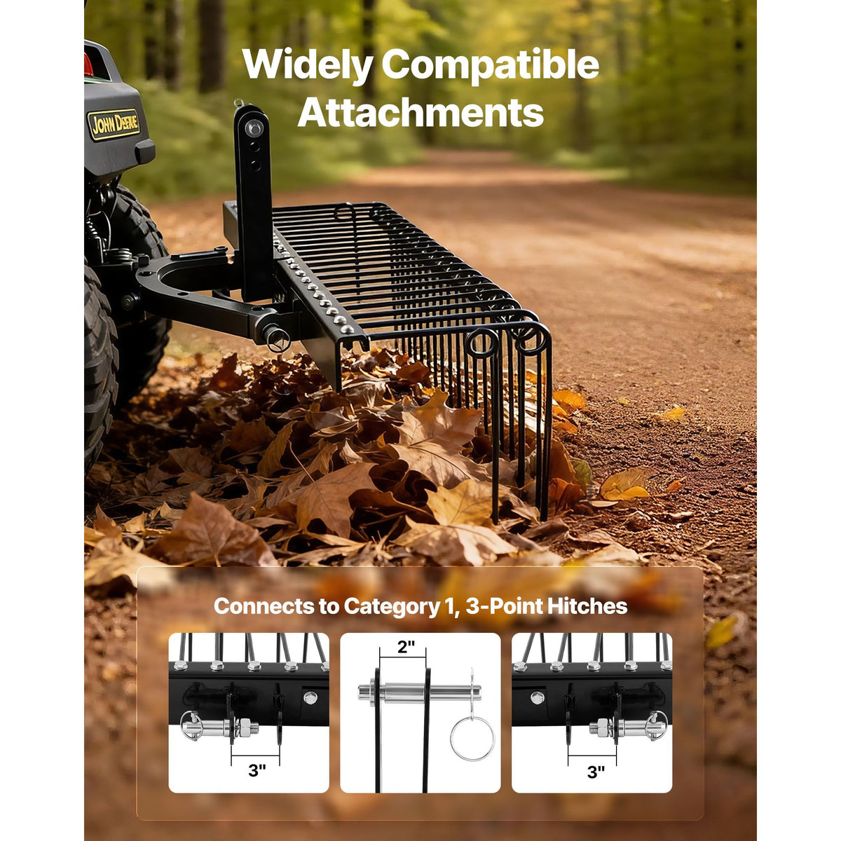 150 cm Tow Behind Landscape Rake, 3 Point Hitch Lawn Dethatcher Rake, 26 Spring Steel Tines, for Category 1 Tractors, Heavy Duty & Rust-Resistant Rakes Tractor Attachments for Leaves Pine Needles