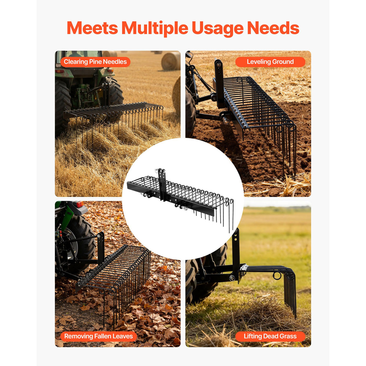 150 cm Tow Behind Landscape Rake, 3 Point Hitch Lawn Dethatcher Rake, 26 Spring Steel Tines, for Category 1 Tractors, Heavy Duty & Rust-Resistant Rakes Tractor Attachments for Leaves Pine Needles