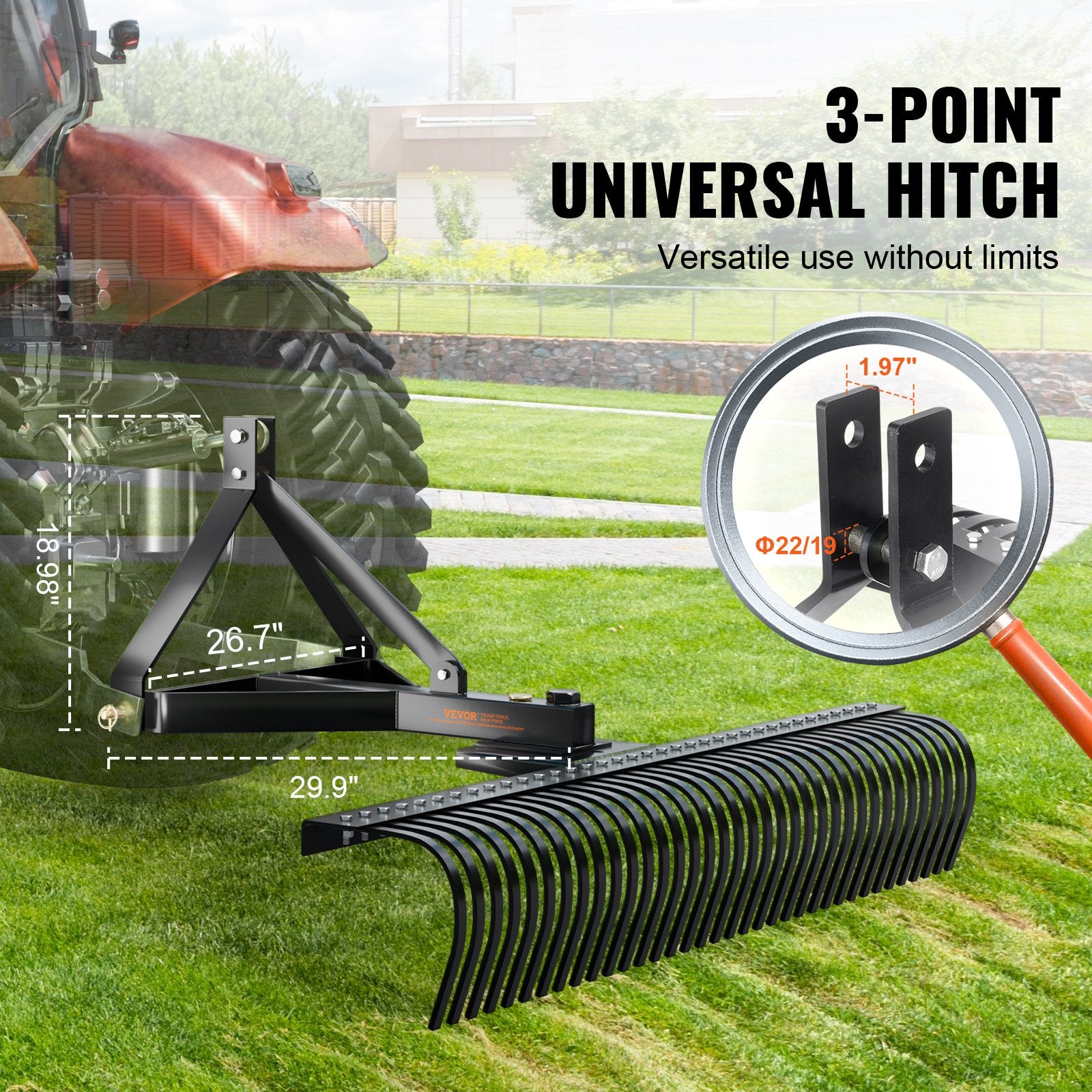 Tow Behind Dethatcher, 1.8m Tow Dethatcher with 36 Steel Tines, 3-Point Lawn Dethatcher Rake with Attachments for Tractor, Landscape Rake for Garden, Farm, Grass