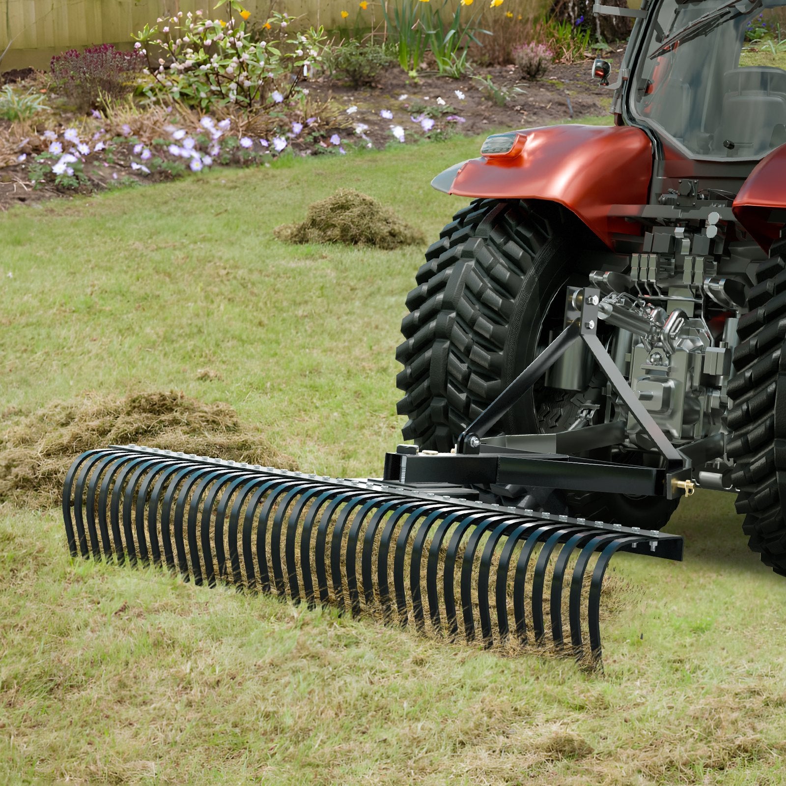 Tow Behind Dethatcher, 1.8m Tow Dethatcher with 36 Steel Tines, 3-Point Lawn Dethatcher Rake with Attachments for Tractor, Landscape Rake for Garden, Farm, Grass
