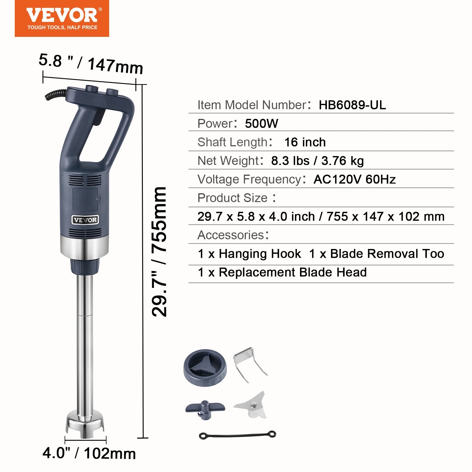 Commercial Immersion Blender 500W Heavy Duty Hand Mixer for Soup Sauces