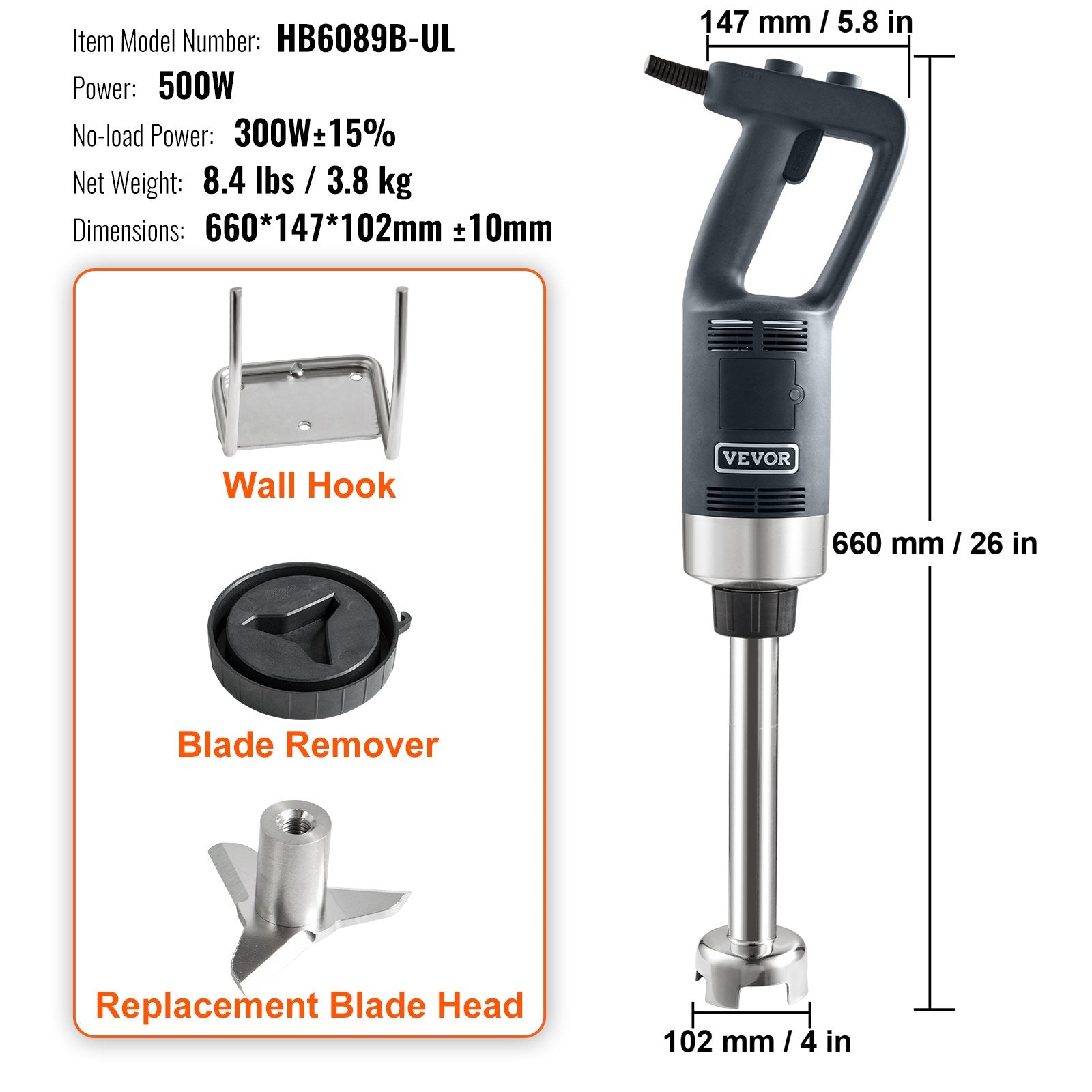 Commercial Immersion Blender, 500 Watt Heavy Duty Hand Mixer, Variable Speed Kitchen Stick Mixer with 304 Stainless Steel Blade, Multi-Purpose Portable Mixer for Soup, Smoothie, Puree, Baby Food