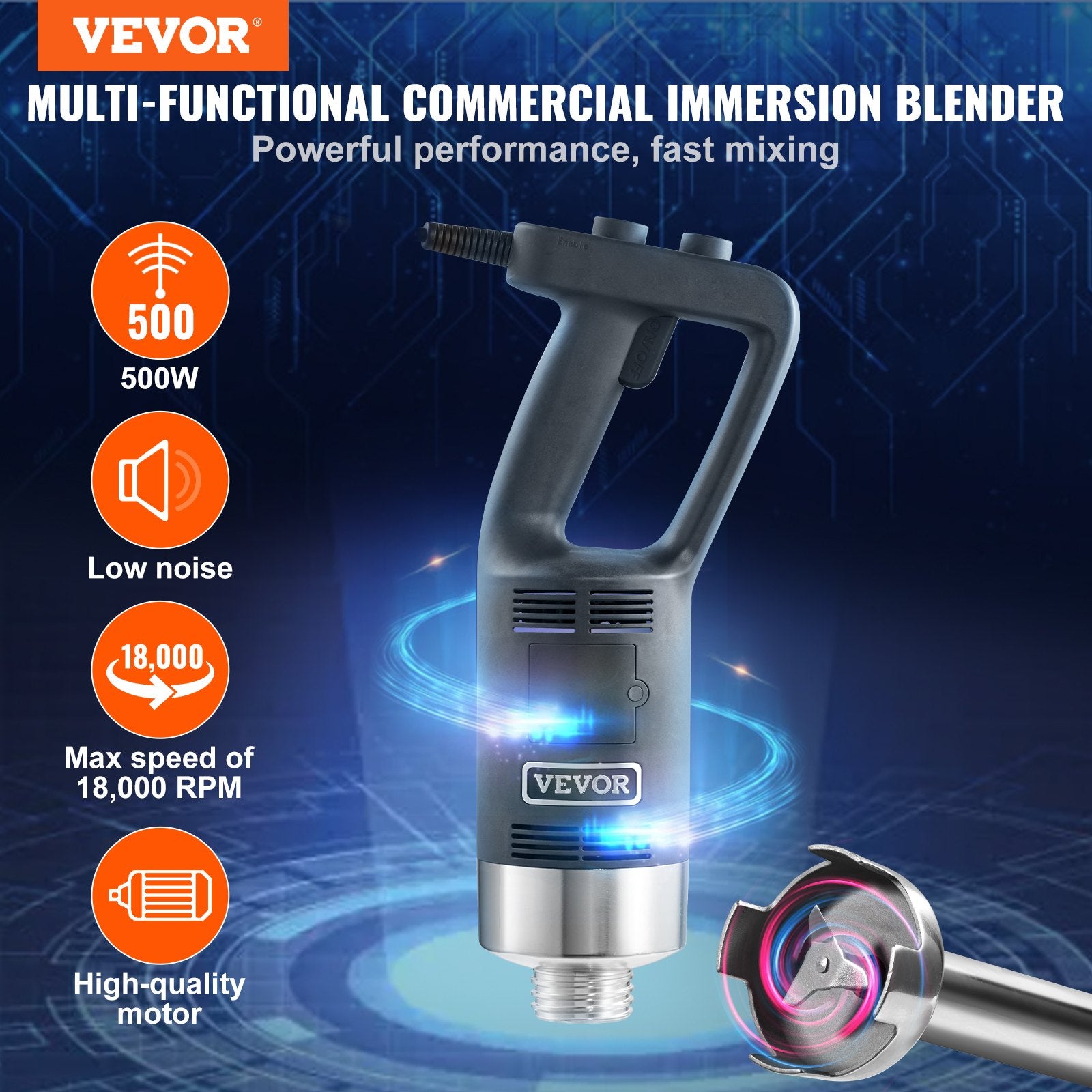 Professional Stick Blender, 500W Powerful Handheld Mixer, Adjustable Speed with Stainless Steel Blade, Versatile Hand Mixer for Soups, Smoothies, Purees, and Baby Food