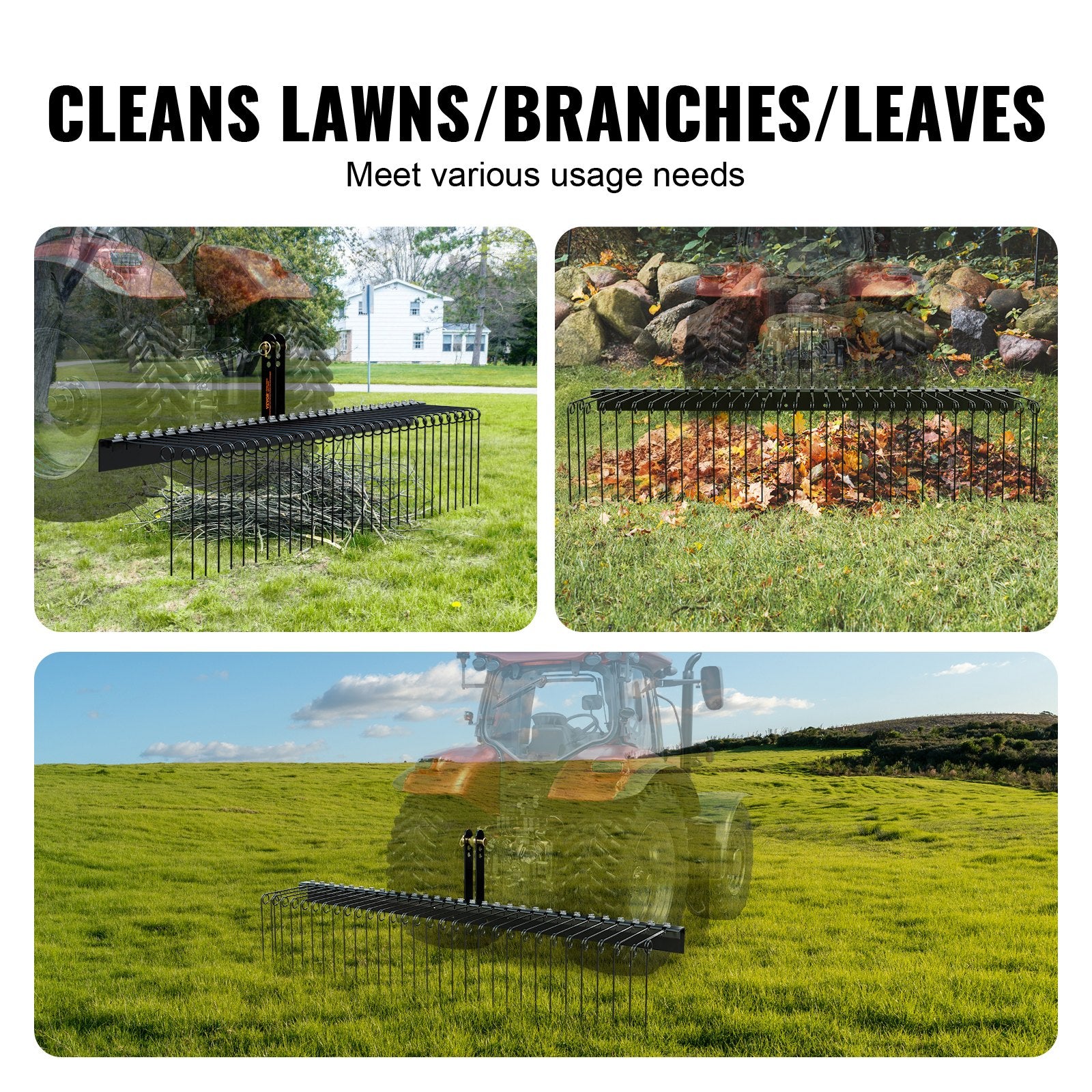 Tow Behind Landscape Rake, 1.8m Tow Dethatcher with 32 Steel Tines, Lawn Dethatcher Rake Attaches to Category 1, 3 Point Hitch for Tractor, for Leaves, Pine Needles, Straw, and Grass