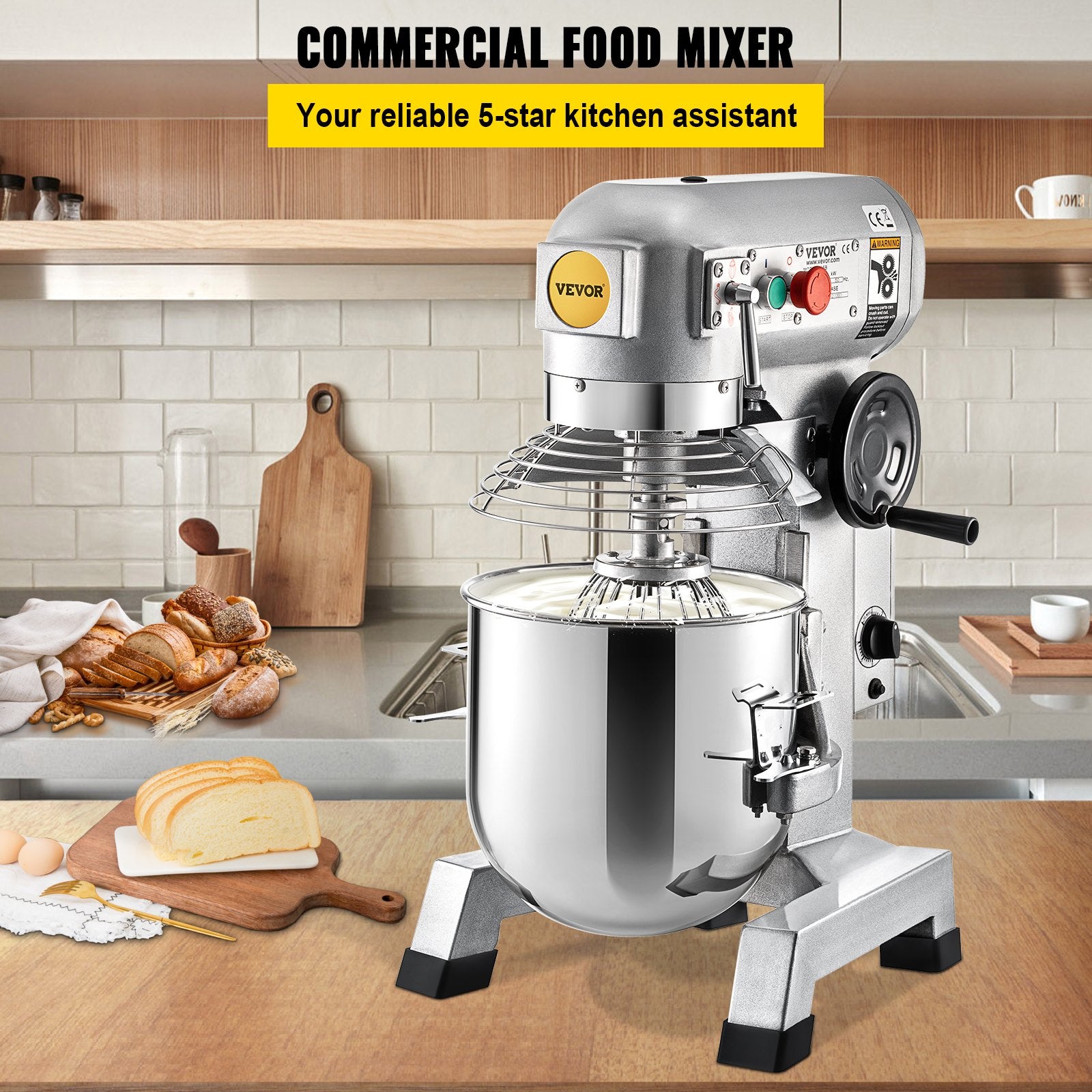 Professional Kitchen Mixer, 10Qt Capacity with Timer, 450W Stainless Steel Bowl Durable Electric Mixer for Commercial Use, 3 Speed Options 113/184/341 RPM, Includes Dough Hook & Whisk