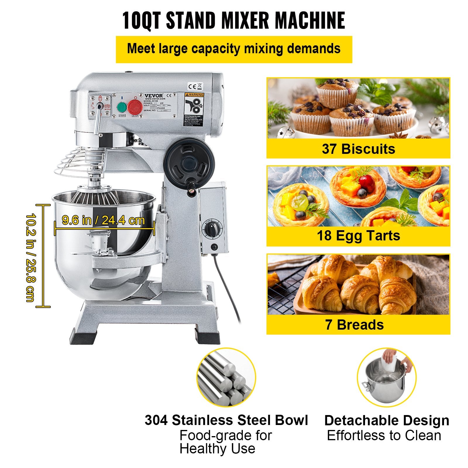 Professional Kitchen Mixer, 10Qt Capacity with Timer, 450W Stainless Steel Bowl Durable Electric Mixer for Commercial Use, 3 Speed Options 113/184/341 RPM, Includes Dough Hook & Whisk