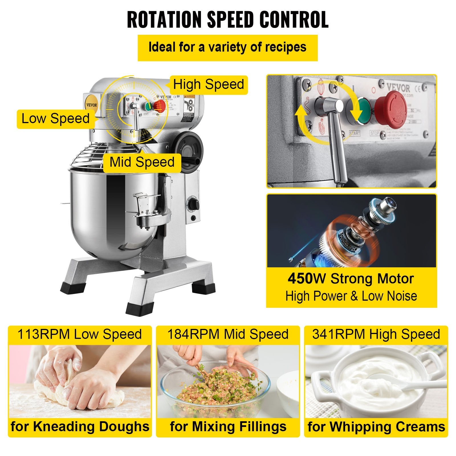 Professional Kitchen Mixer, 10Qt Capacity with Timer, 450W Stainless Steel Bowl Durable Electric Mixer for Commercial Use, 3 Speed Options 113/184/341 RPM, Includes Dough Hook & Whisk