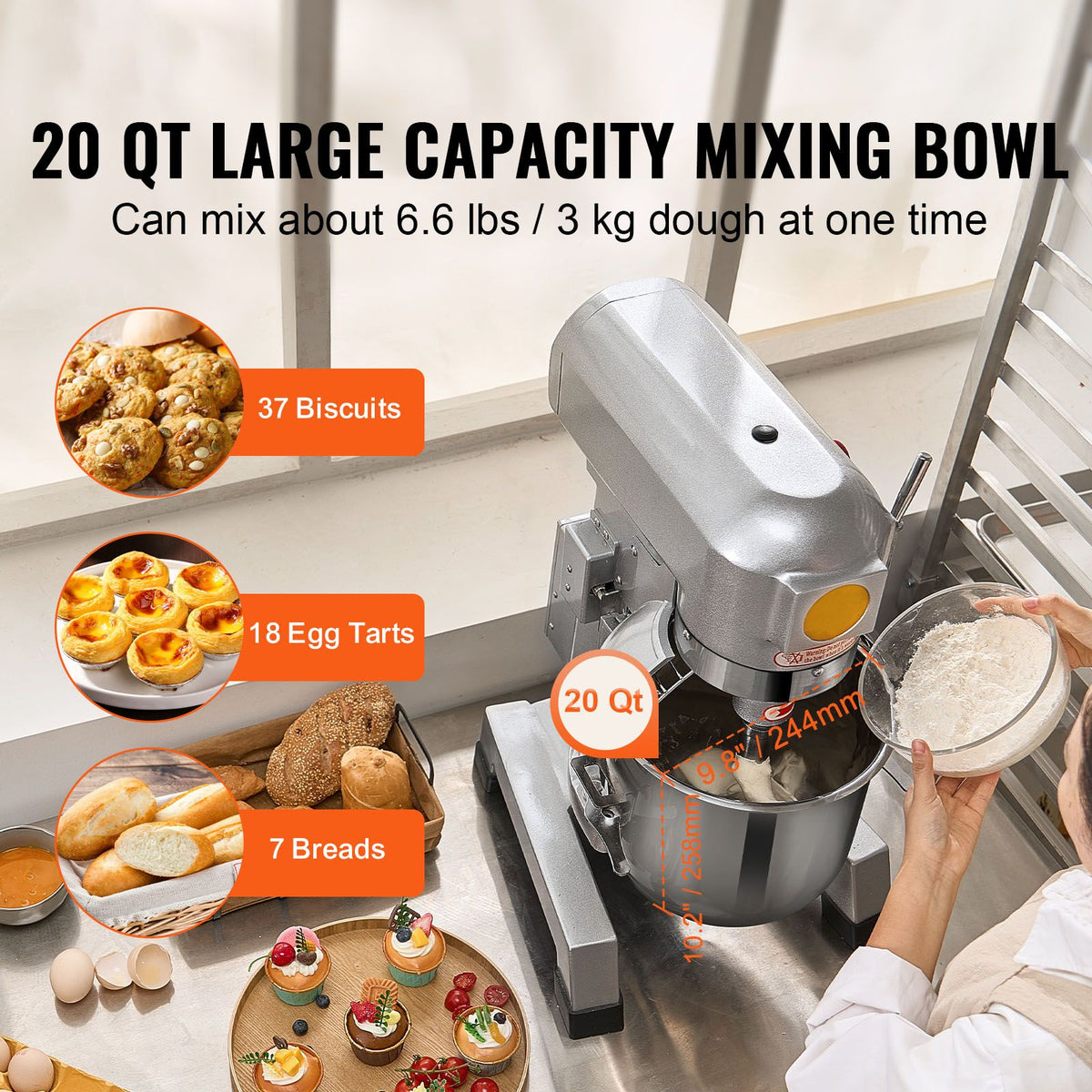Commercial Food Mixer, 18.7L Commercial Stand Mixer with 3 Adjustable Speeds, 1100W Dough Mixer with Stainless Steel Bowl and 3 Mixing Attachments, Ideal for Restaurant, Bakery, Pastry shop, Caf