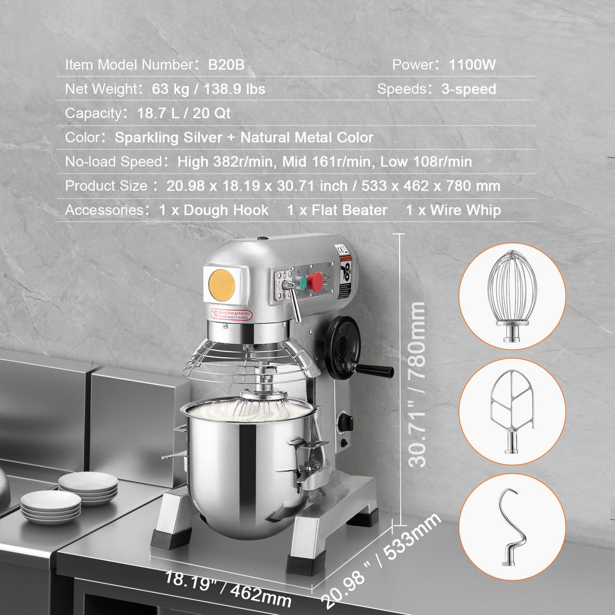 Commercial Food Mixer, 18.7L Commercial Stand Mixer with 3 Adjustable Speeds, 1100W Dough Mixer with Stainless Steel Bowl and 3 Mixing Attachments, Ideal for Restaurant, Bakery, Pastry shop, Caf