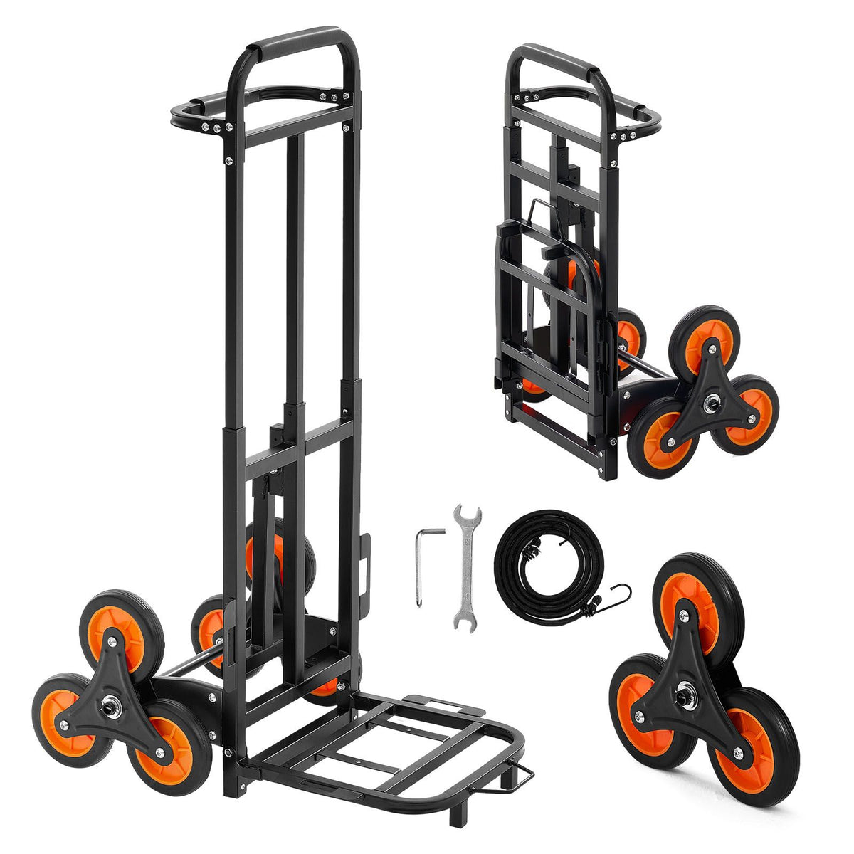Stair Climbing Cart, 100 kg Stair-Climbing Capacity, Heavy-Duty Folding Trolley Cart with Telescoping Handle, 6 Wheels and 2 Bungee Cords, Stair Climber Dolly for Home, Groceries, Warehouse