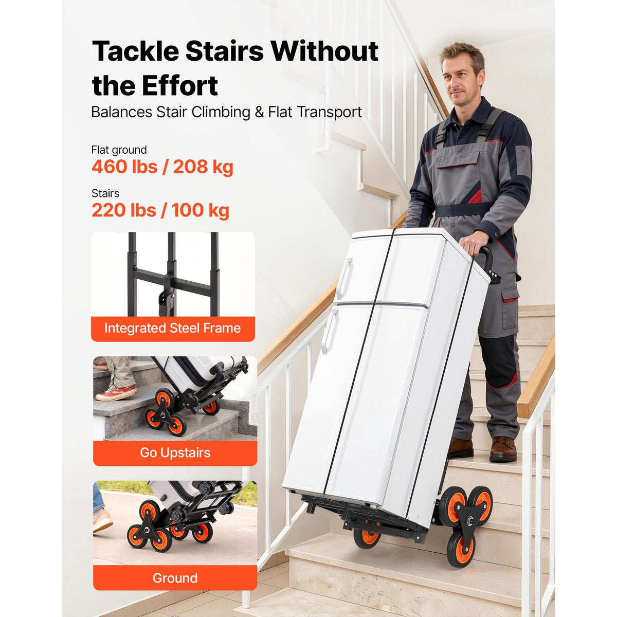 Stair Climbing Cart, 100 kg Stair-Climbing Capacity, Heavy-Duty Folding Trolley Cart with Telescoping Handle, 6 Wheels and 2 Bungee Cords, Stair Climber Dolly for Home, Groceries, Warehouse