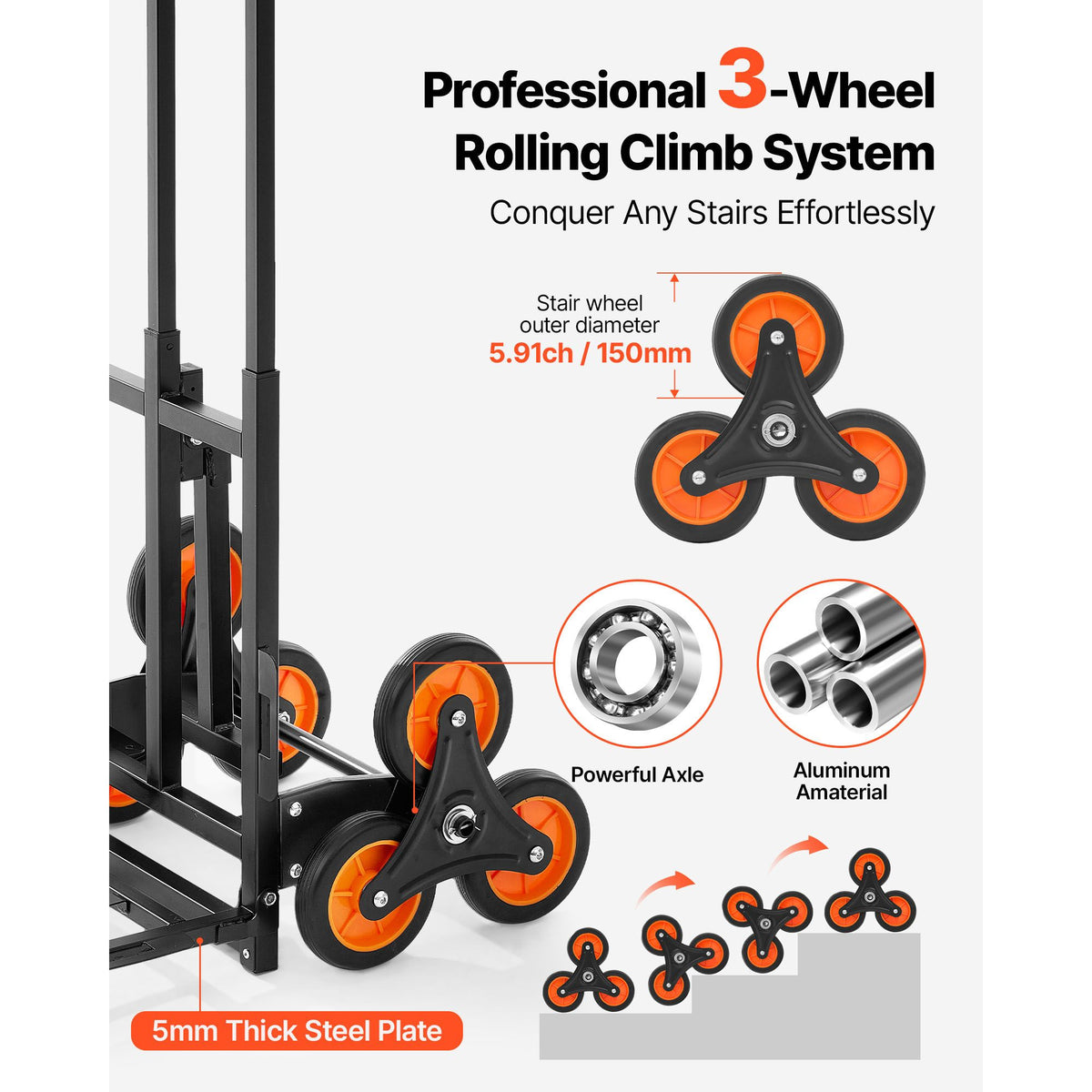 Stair Climbing Cart, 100 kg Stair-Climbing Capacity, Heavy-Duty Folding Trolley Cart with Telescoping Handle, 6 Wheels and 2 Bungee Cords, Stair Climber Dolly for Home, Groceries, Warehouse