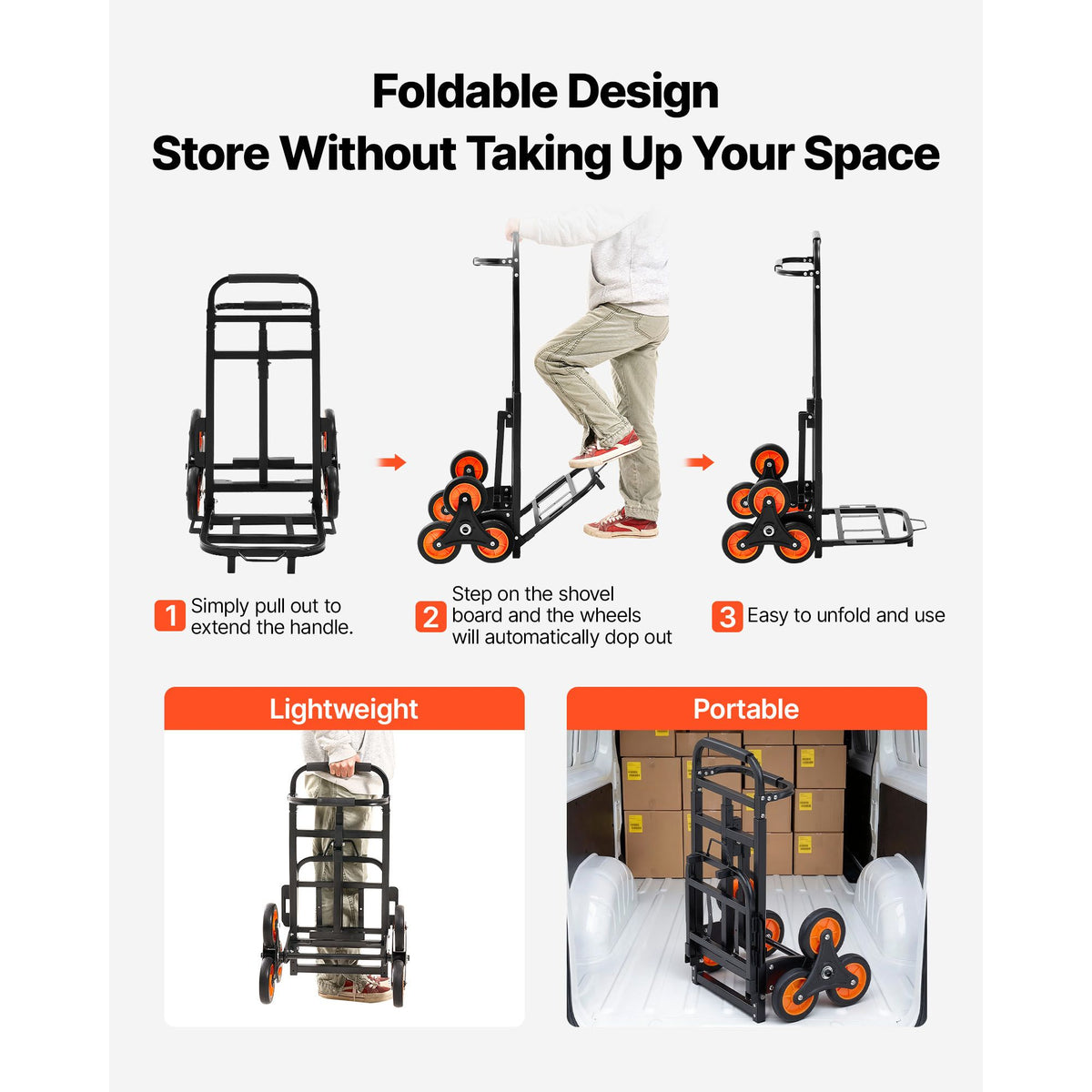 Stair Climbing Cart, 100 kg Stair-Climbing Capacity, Heavy-Duty Folding Trolley Cart with Telescoping Handle, 6 Wheels and 2 Bungee Cords, Stair Climber Dolly for Home, Groceries, Warehouse