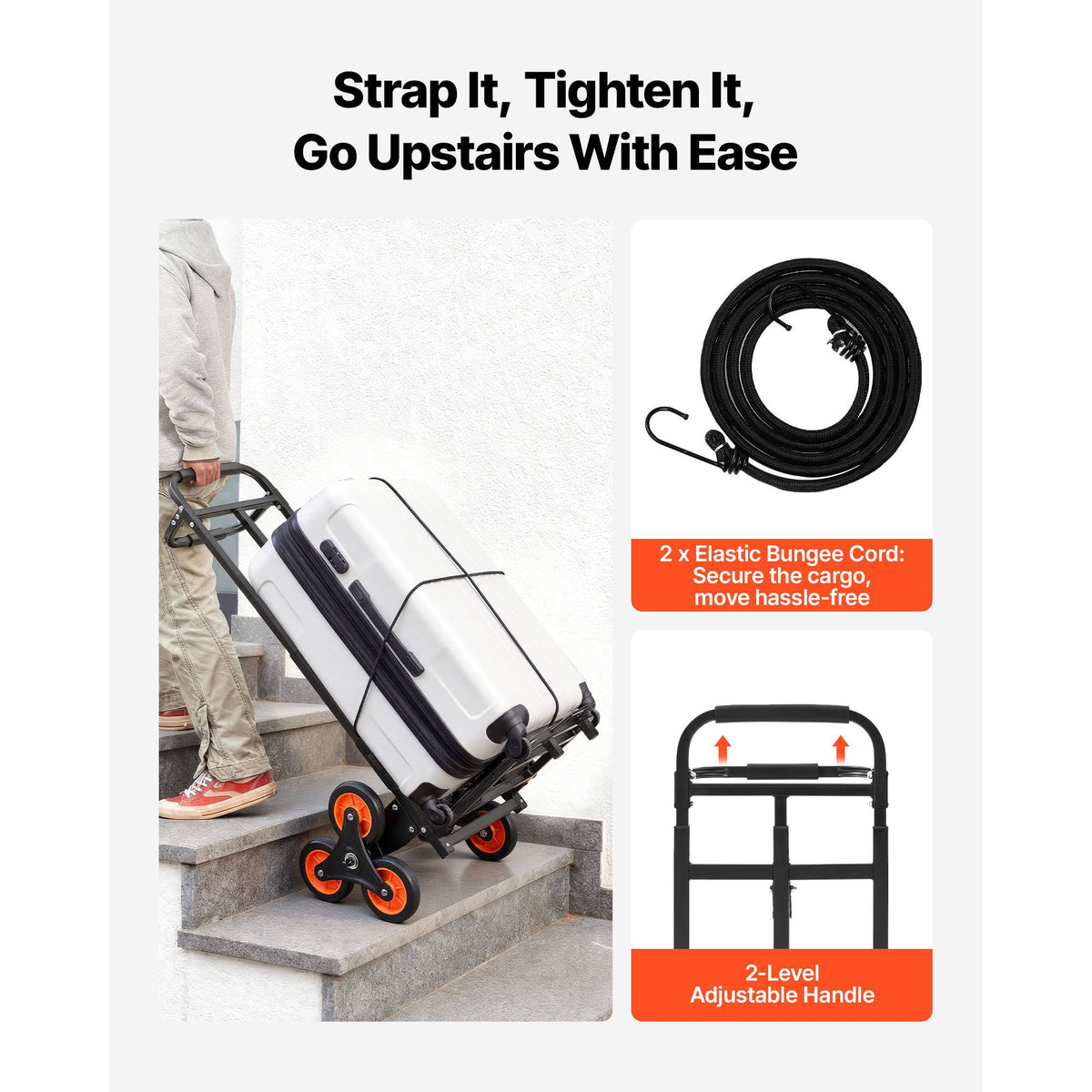 Stair Climbing Cart, 100 kg Stair-Climbing Capacity, Heavy-Duty Folding Trolley Cart with Telescoping Handle, 6 Wheels and 2 Bungee Cords, Stair Climber Dolly for Home, Groceries, Warehouse