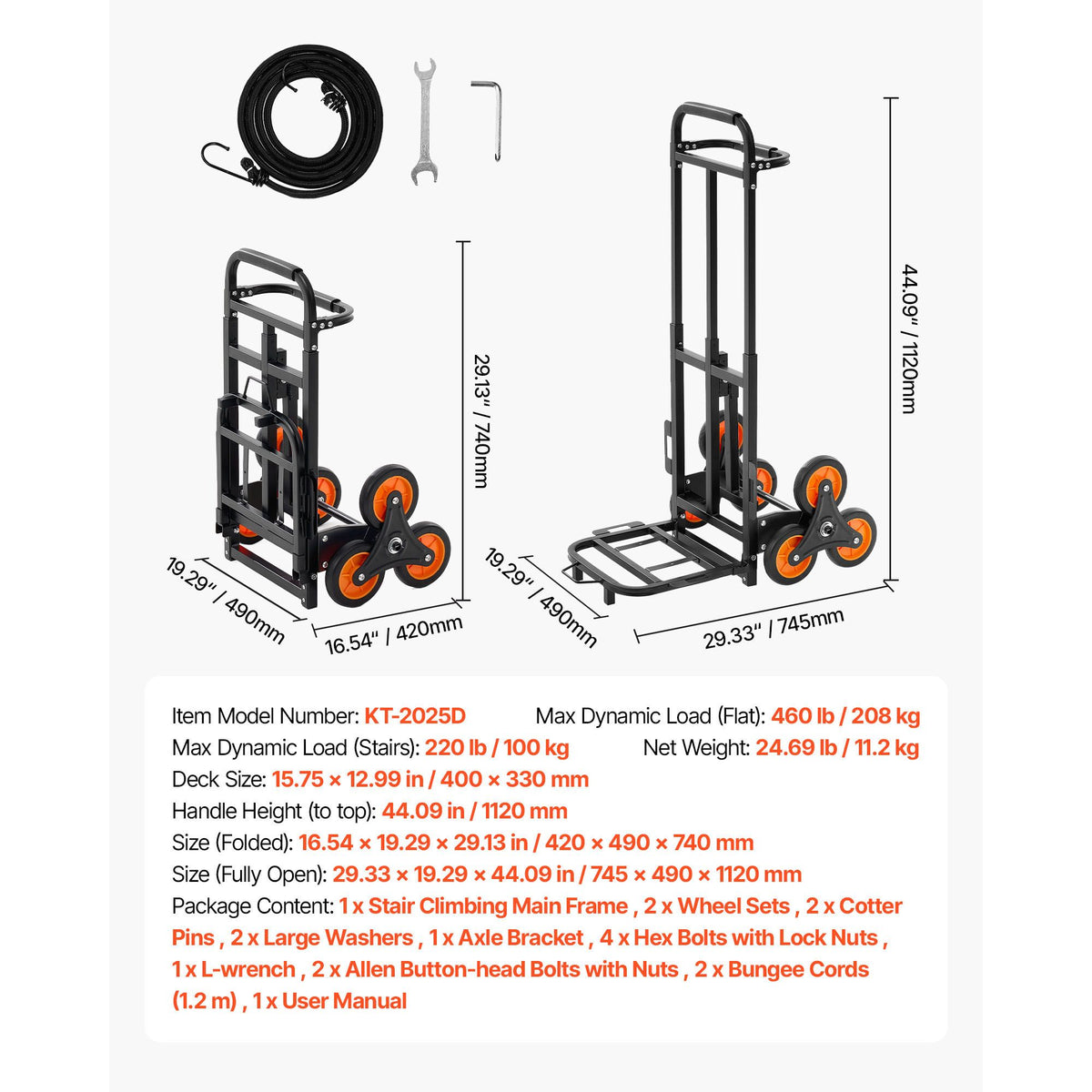 Stair Climbing Cart, 100 kg Stair-Climbing Capacity, Heavy-Duty Folding Trolley Cart with Telescoping Handle, 6 Wheels and 2 Bungee Cords, Stair Climber Dolly for Home, Groceries, Warehouse
