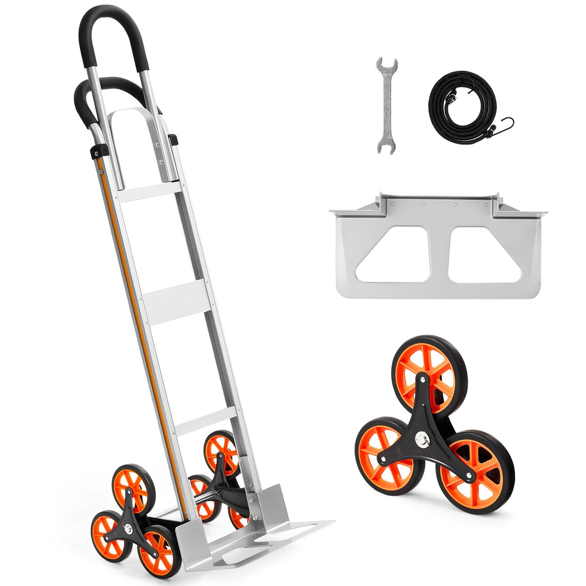 Stair Climbing Cart, 150 kg Stair-Climb Capacity, Aluminum Alloy Folding Trolley Cart with Telescoping Handle, 6 Wheels and 2 Bungee Cords, Stair Climber Dolly for Home, Groceries, Warehouse