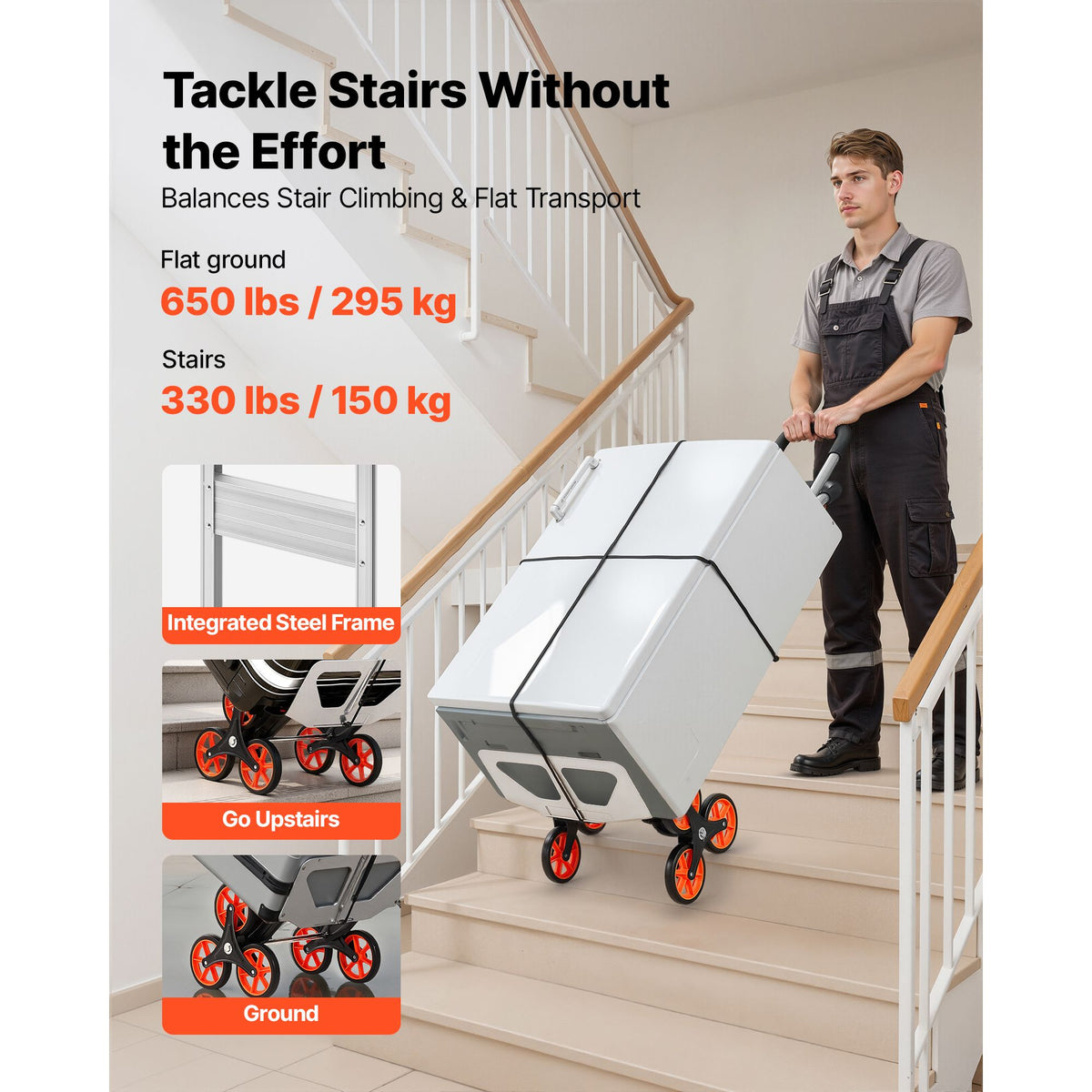 Stair Climbing Cart, 150 kg Stair-Climb Capacity, Aluminum Alloy Folding Trolley Cart with Telescoping Handle, 6 Wheels and 2 Bungee Cords, Stair Climber Dolly for Home, Groceries, Warehouse