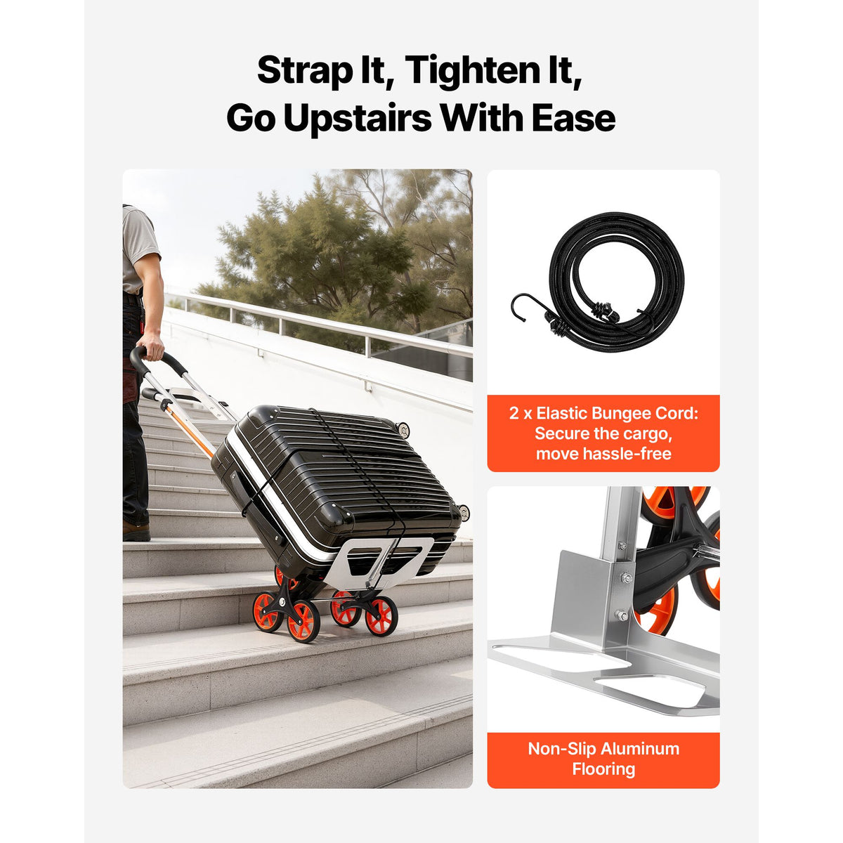 Stair Climbing Cart, 150 kg Stair-Climb Capacity, Aluminum Alloy Folding Trolley Cart with Telescoping Handle, 6 Wheels and 2 Bungee Cords, Stair Climber Dolly for Home, Groceries, Warehouse
