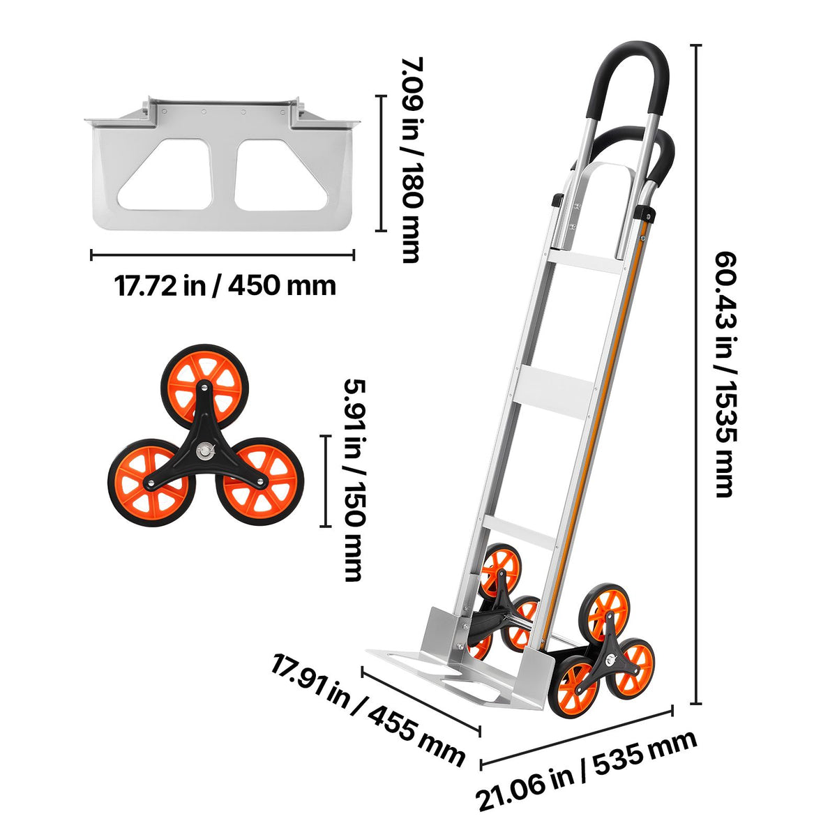 Stair Climbing Cart, 150 kg Stair-Climb Capacity, Aluminum Alloy Folding Trolley Cart with Telescoping Handle, 6 Wheels and 2 Bungee Cords, Stair Climber Dolly for Home, Groceries, Warehouse