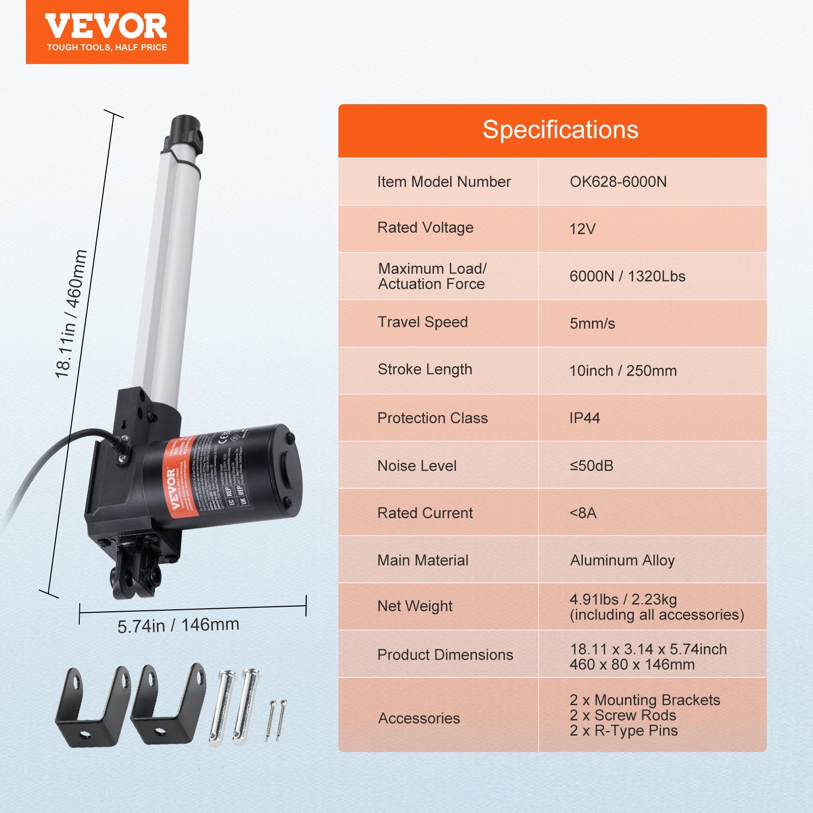 Animal Traps: VEVOR Linear Actuator 12V, 10 Inch Heavy Duty 1320lbs/6000N Linear Actuator, 0.19"/s Linear Motion Actuator with Mounting Bracket & IP44 Protection for Electric Door Industrial Machinery Vessels Cargo